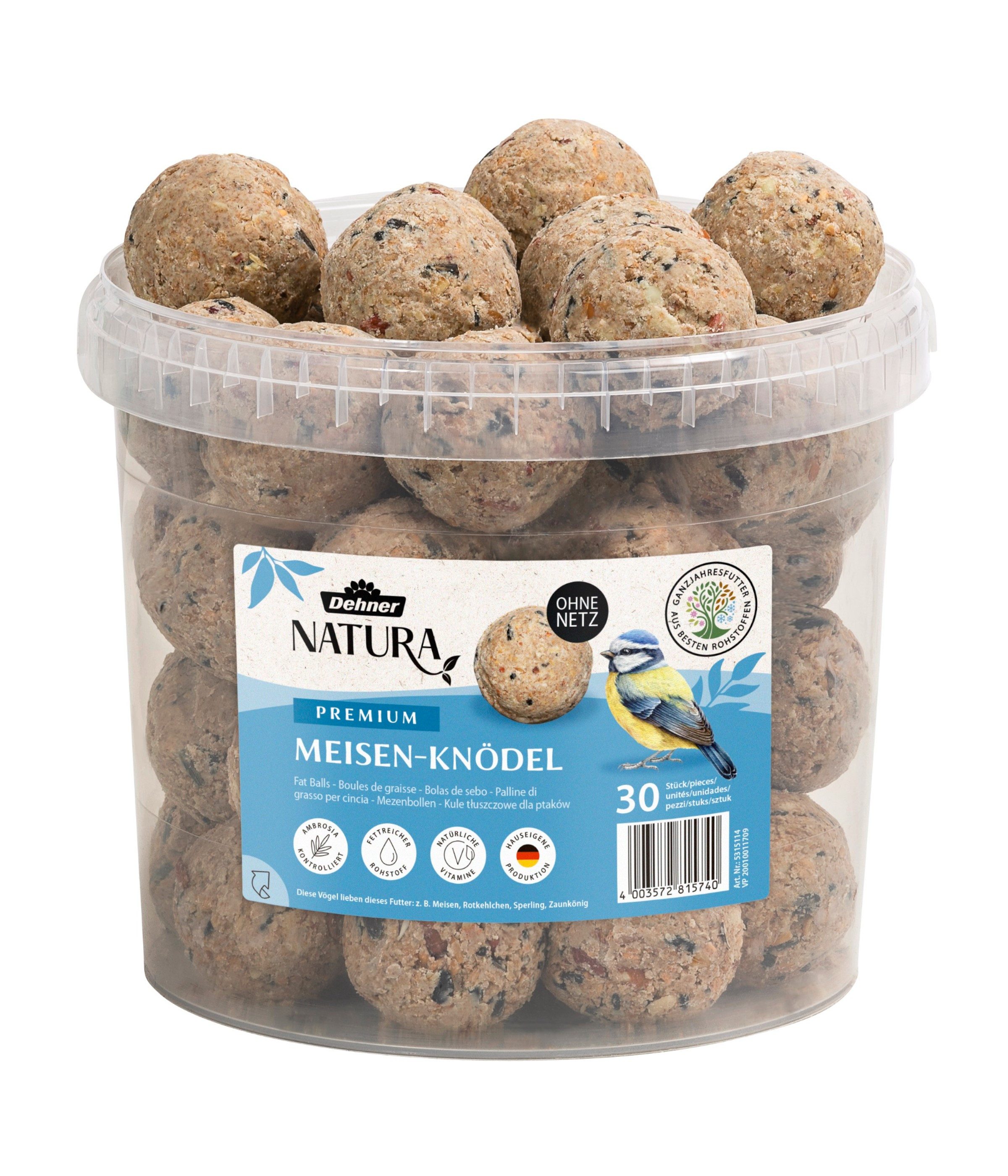 Dehner Natura Große Meisenknödel ohne Netz, 30 Stück je 90 Gramm (2.7 kg), Hauptfutter für: Gartenvögel, Wildvogel, im Eimer, Wildvogelfutter zur ganzjährigen Fütterung