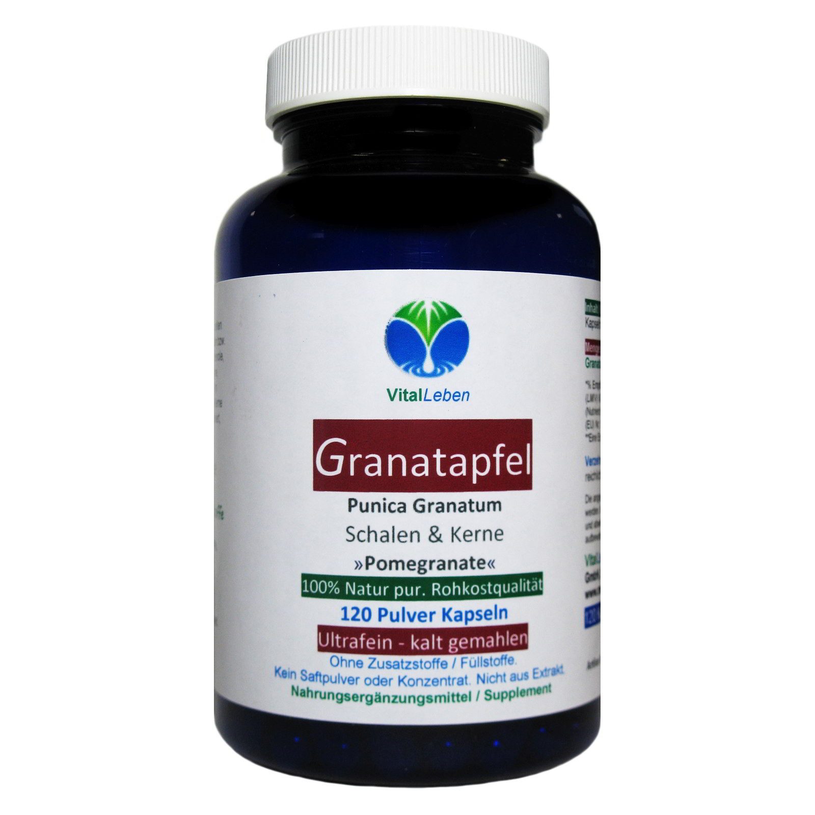 VitalLeben Granatapfel Schalen & Kerne kein Extrakt ohne Zusatzstoffe Kapseln, 1 er Dose à 120 St., 54 g, Art. 27050-120