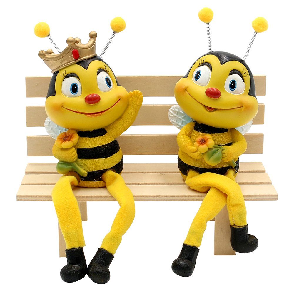 Dekohelden24 Gartenfigur Dekofigur Kantenhocker Bienen-Bienenpaar mit Blume, 2er Set, Polyresin