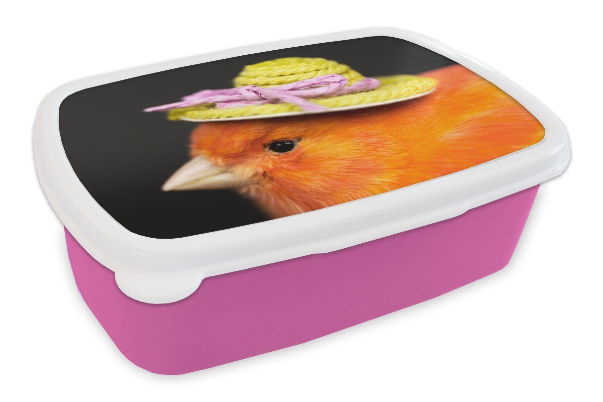 MuchoWow Lunchbox Vogel - Hut - Orange, Kunststoff, (2-tlg), Brotbox für Erwachsene, Brotdose Kinder, Snackbox, Mädchen, Kunststoff rosa