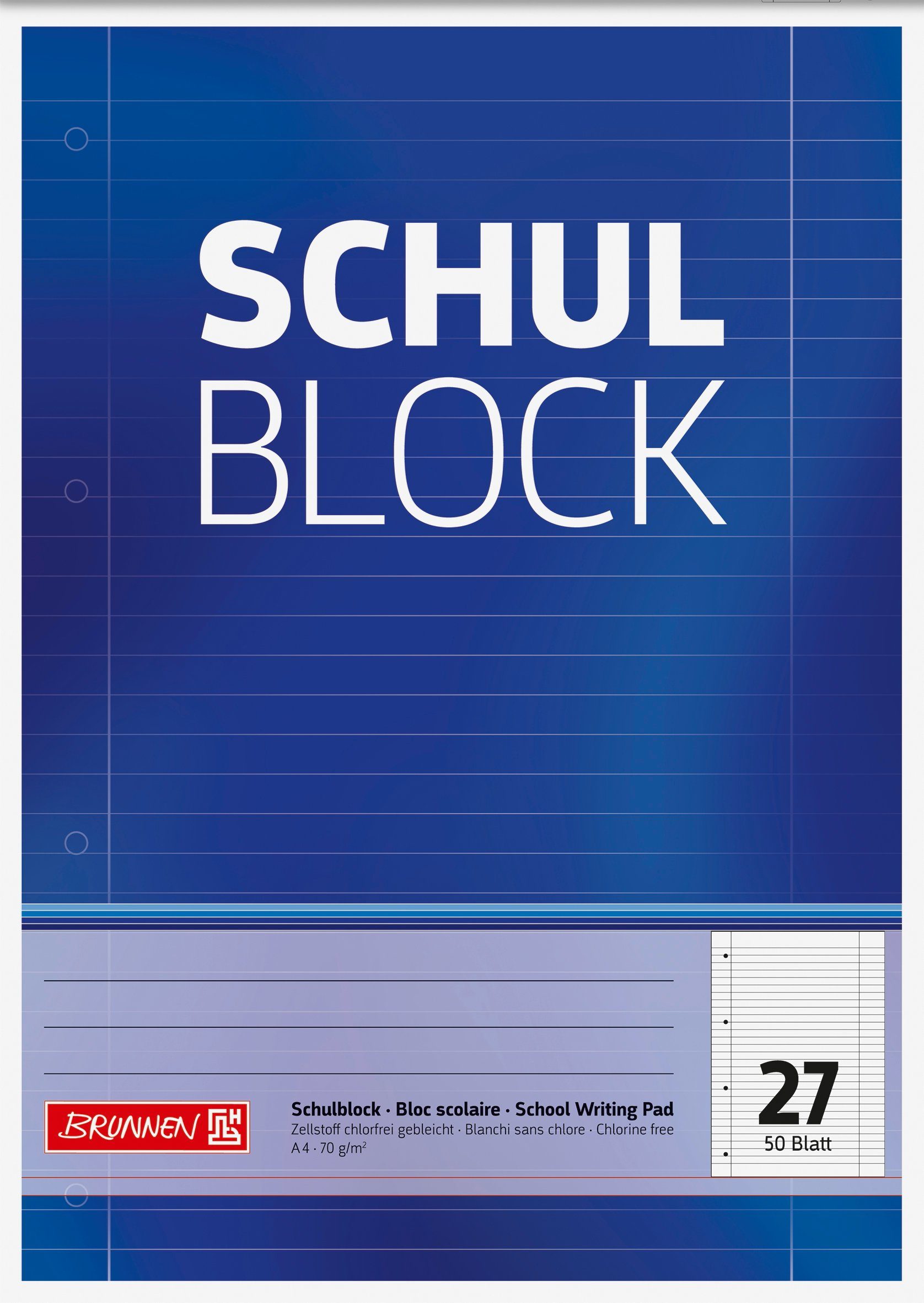 BRUNNEN Collegeblock Block "Schulblock" A4 liniert, mit Randlinie innen und außen, Lin. 27