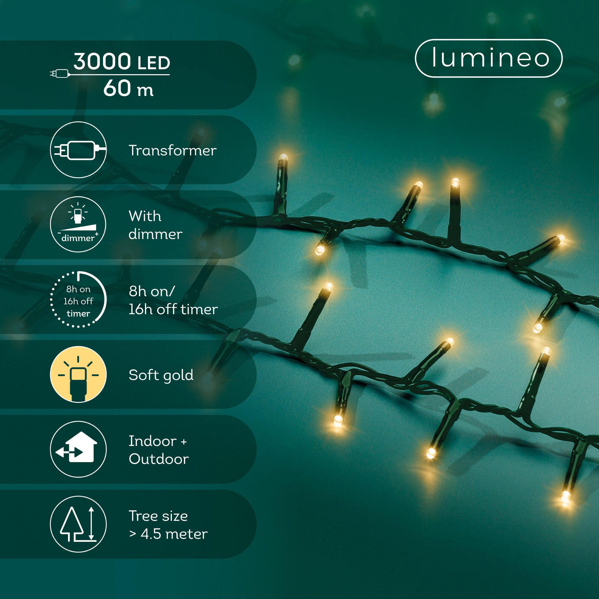 Lumineo LED-Lichterkette Lumineo Lichterkette COMPACT 3000 LED 60 m, Soft Gold, grünes Kabel, Indoor/Outdoor, dimmbar, 8h-Timer, 5 m Zuleitung