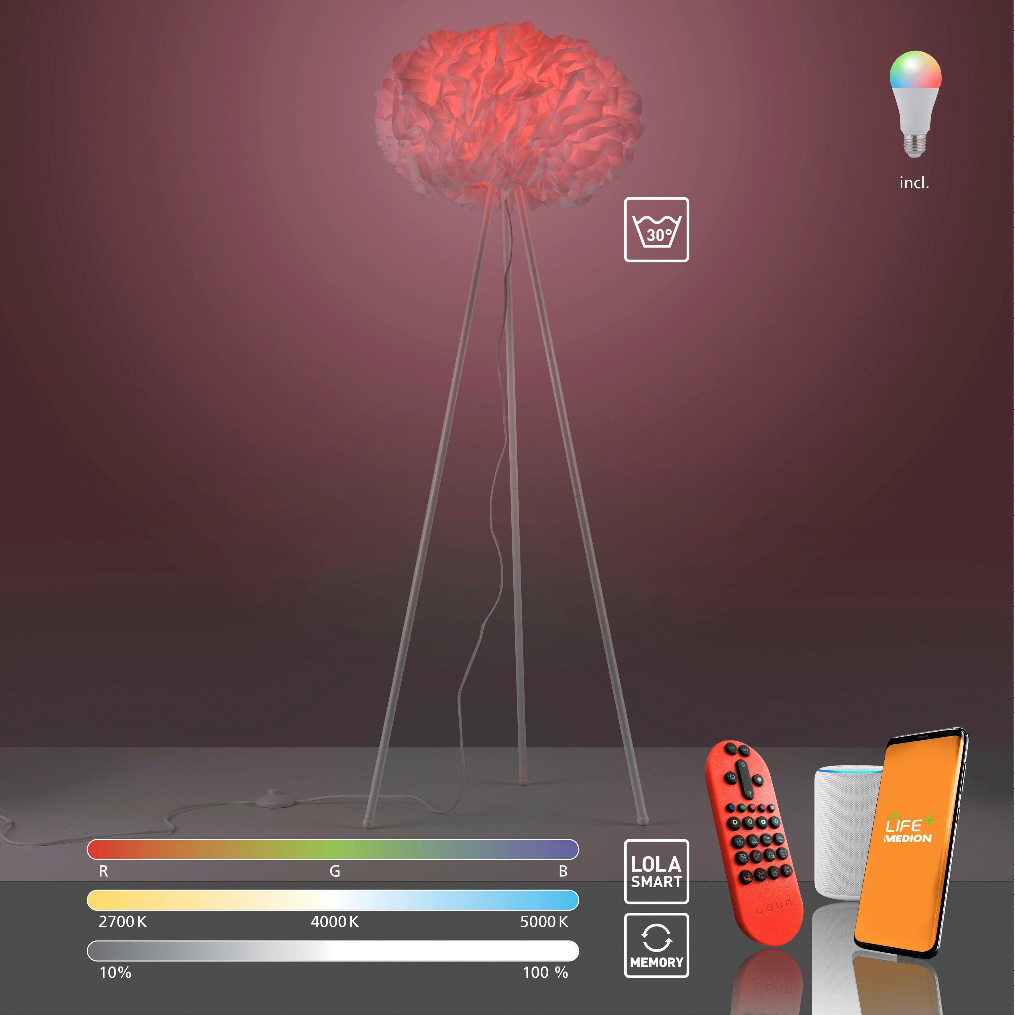 JUST LIGHT Stehlampe LOLAsmart-NAOMI, LED wechselbar, MEDION-App, IR-Fernbedienung, Bezug bei 30° waschbar, trocknergeeignet