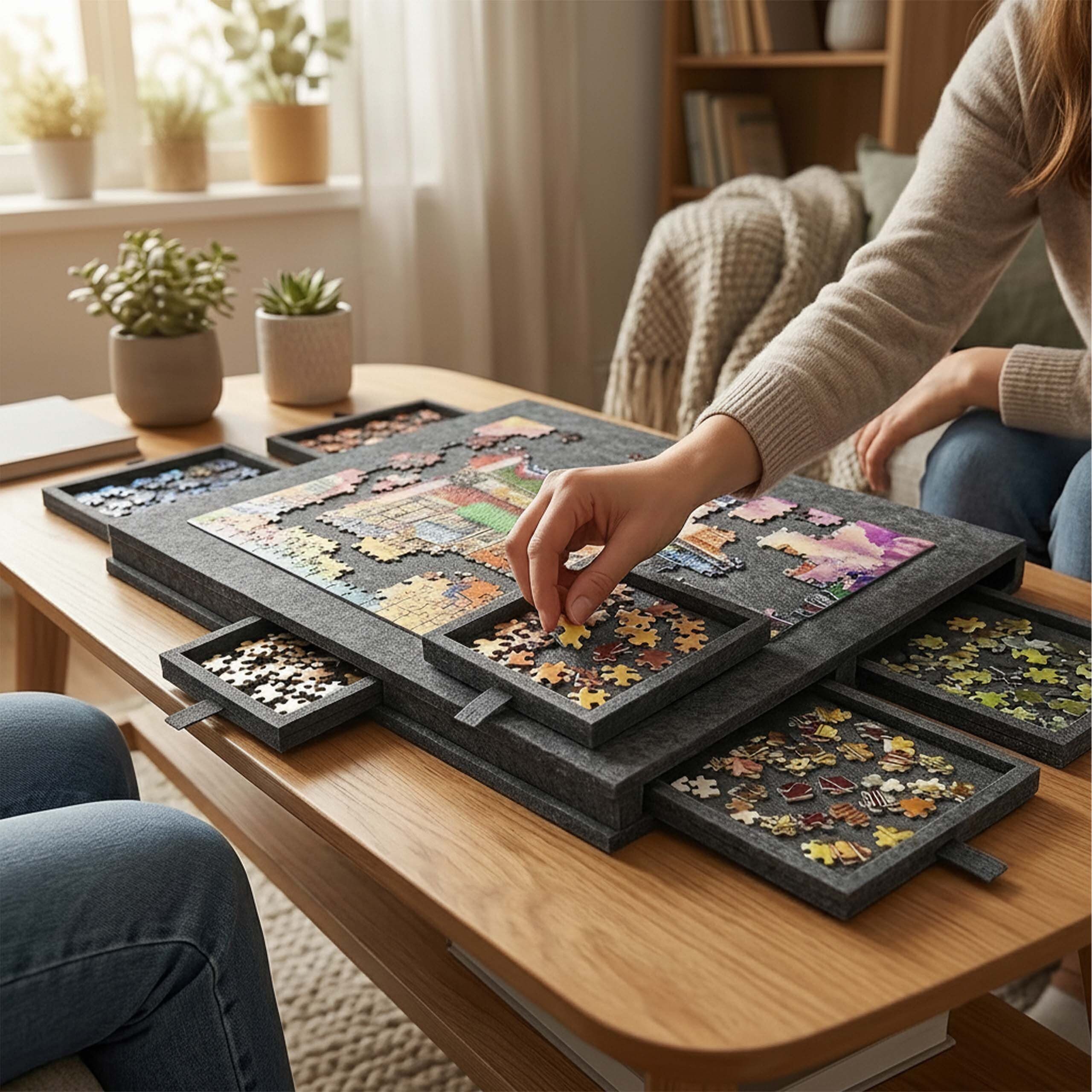 relaxdays Puzzle-Sortierschale Puzzlebrett Filz 6 Schubladen, Hellgrau
