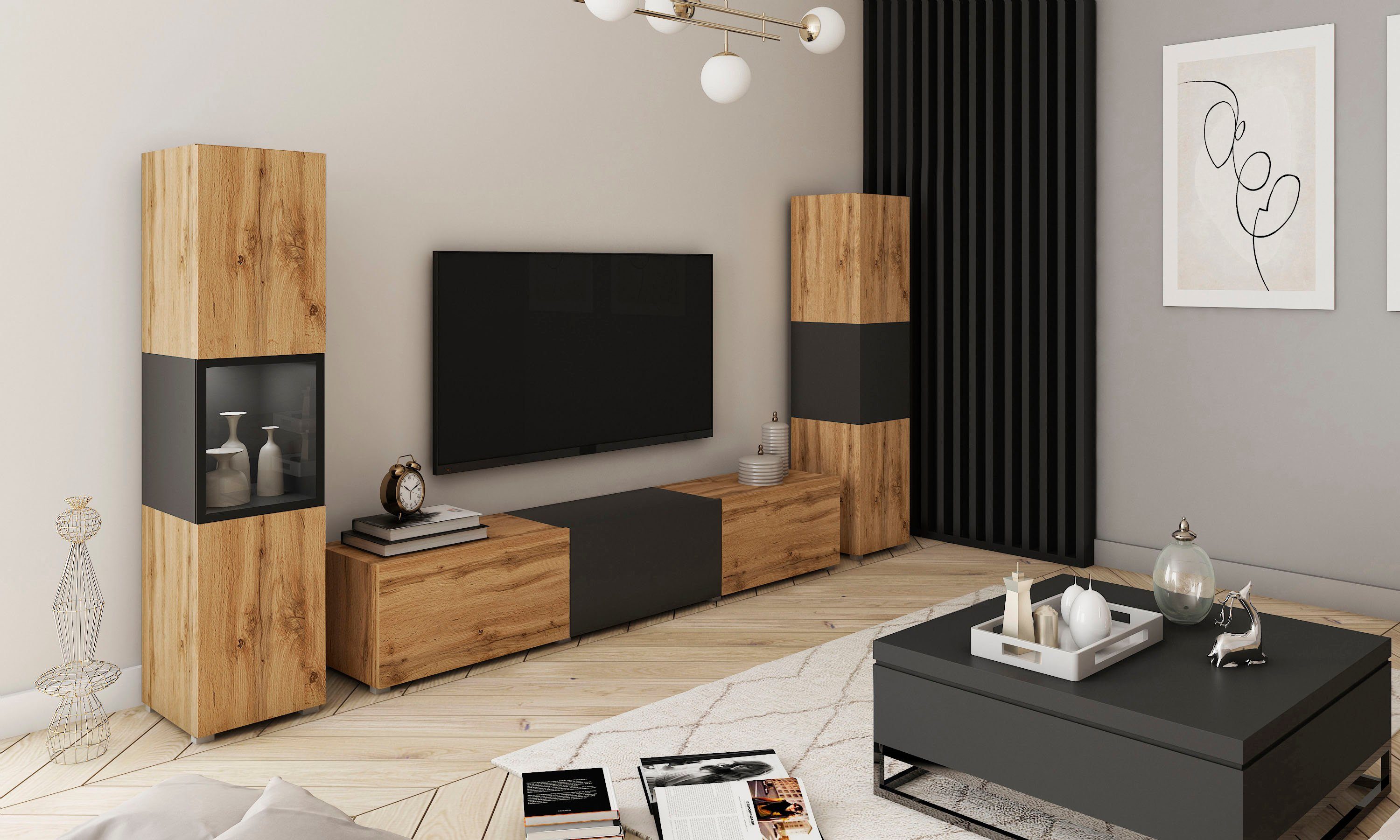 Home affaire Wohnwand BERLIN III, Vitrine Türschlag links/rechts wechselbar, (Komplett-Set, 3-St), moderne grifflose Mediawand Breite 260 cm, Vitrine mit Verglasung