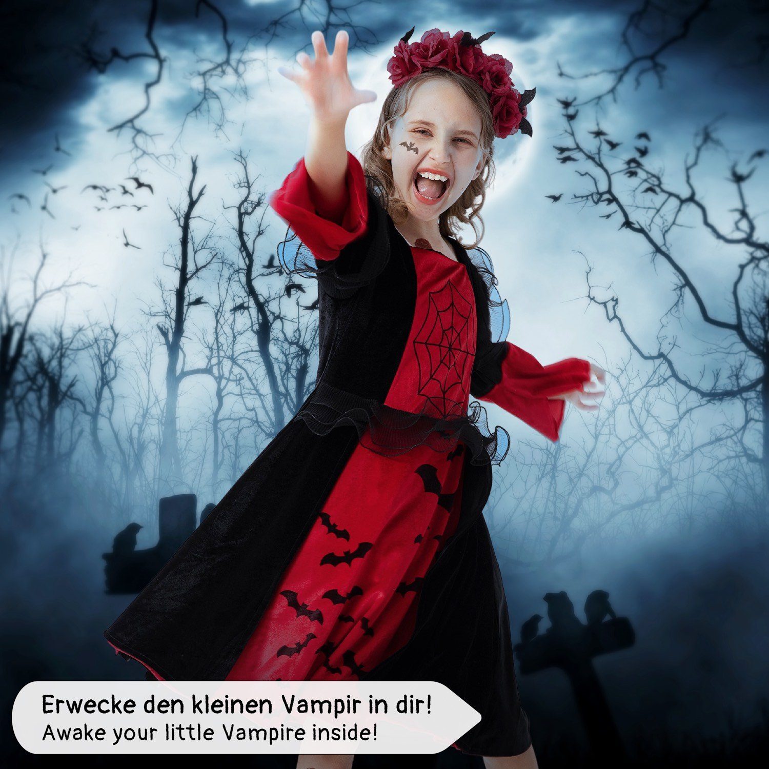 Corimori Vampir-Kostüm Kleid für Halloween, Set für Kinder, mit Zubehör, Mit Haarreif, Klebe-Tattoos für Mädchen, Fasching, Karneval