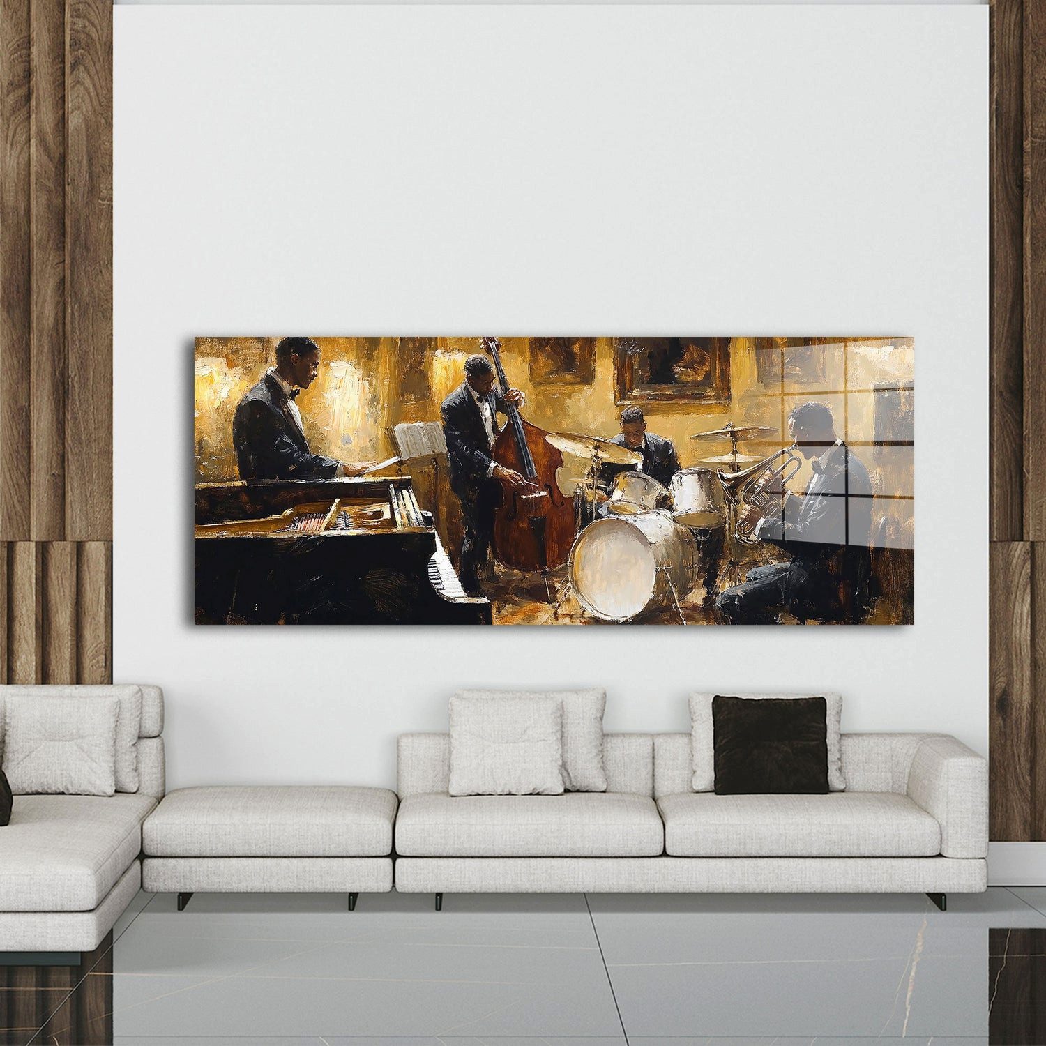Artedinoi Acrylglasbild Jazz Trio Acrylglasbild Wandbild Klavier Schlagzeug Gold Schwarz XXL, Jazz Trio mit Klavier Kontrabass und Schlagzeug