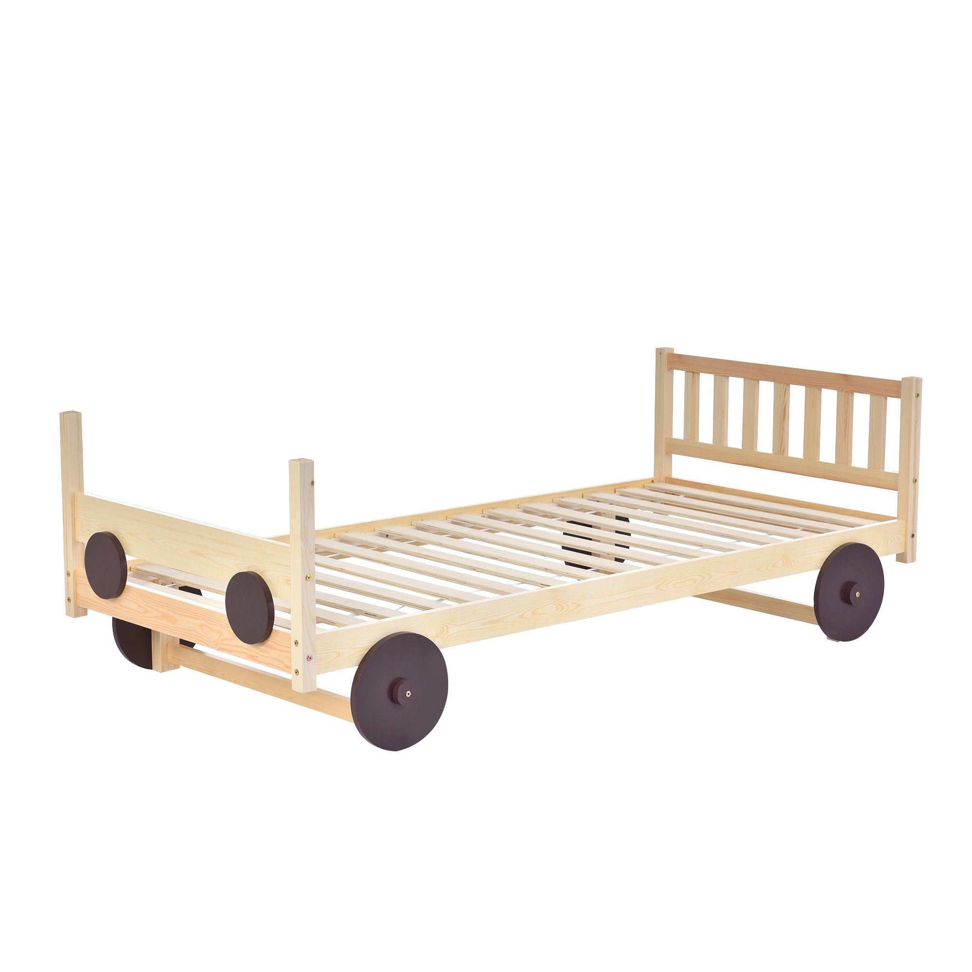 Kinderbett (mit MDF-Rädern und abnehmbare Rahmen), Einzelbett mit Lattenrost, massivem Kiefernholz, 90x200