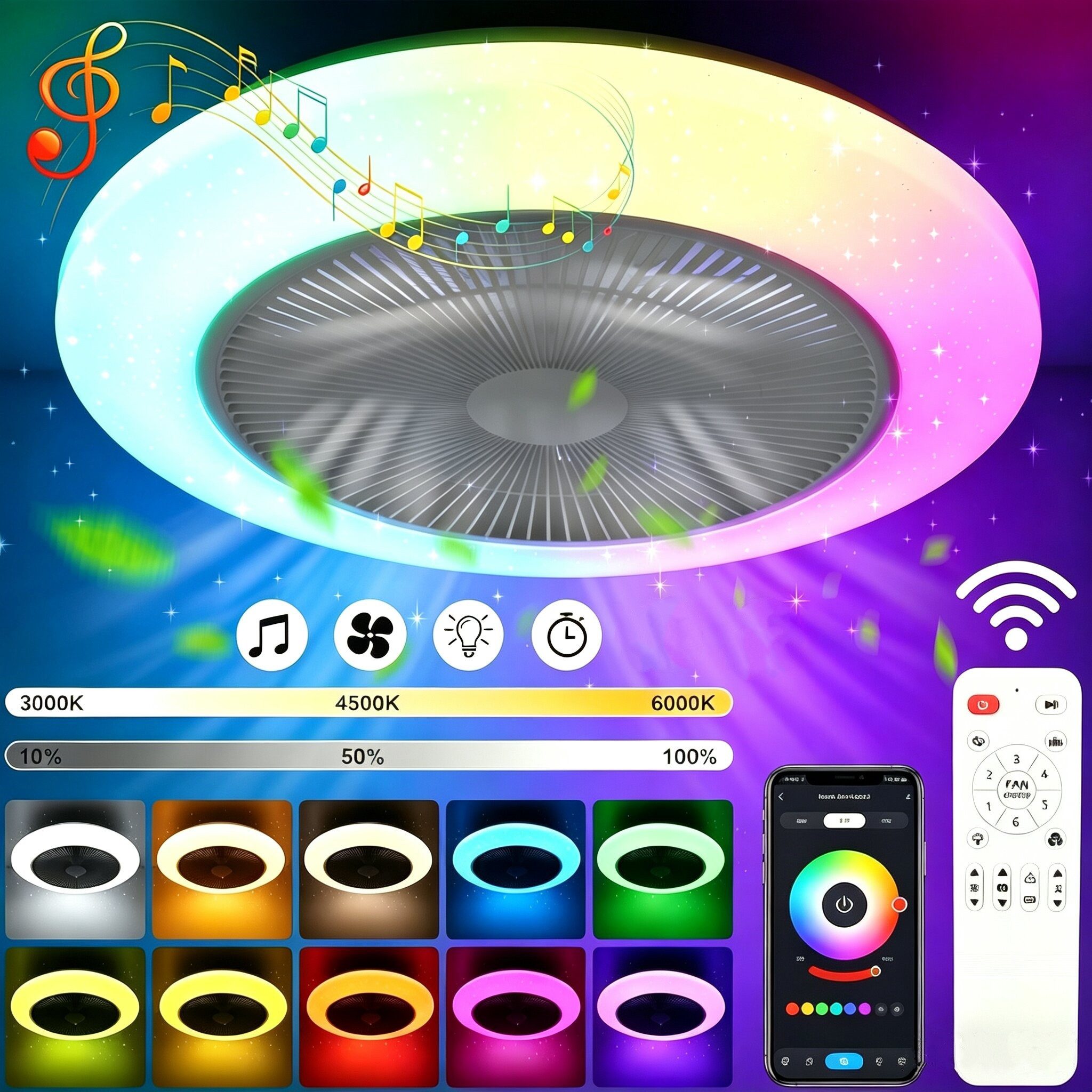 oyajia Deckenleuchte Deckenventilator mit Beleuchtung 60W Dimmbar mit Fernbedienung, Ø50 cm, RGB-Hintergrundbeleuchtung, LED fest integriert, Neutralweiß, Kaltweiß, RGB Farbwechsel, Warmweiß, mit Bluetooth,Schlafzimmer Leise Ventilator für Wohnzimmer Küch