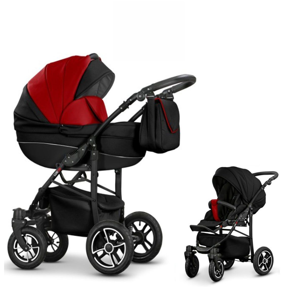 babies-on-wheels Kombi-Kinderwagen 2 in 1 Kinderwagen-Set Cosmo ECO - 13 Teile - in 16 Farben Schwarz-Rot Kunstleder