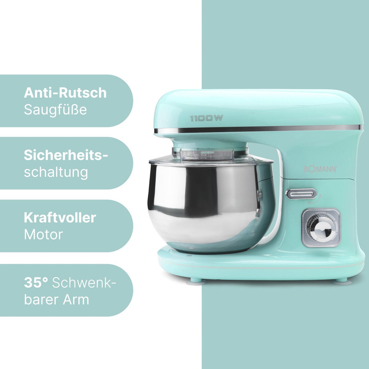 BOMANN Küchenmaschine KM 6030 CB mint-grün, Küchenmaschine 1100 Watt, Knetmaschine 5 Liter – Bild 4 von 5