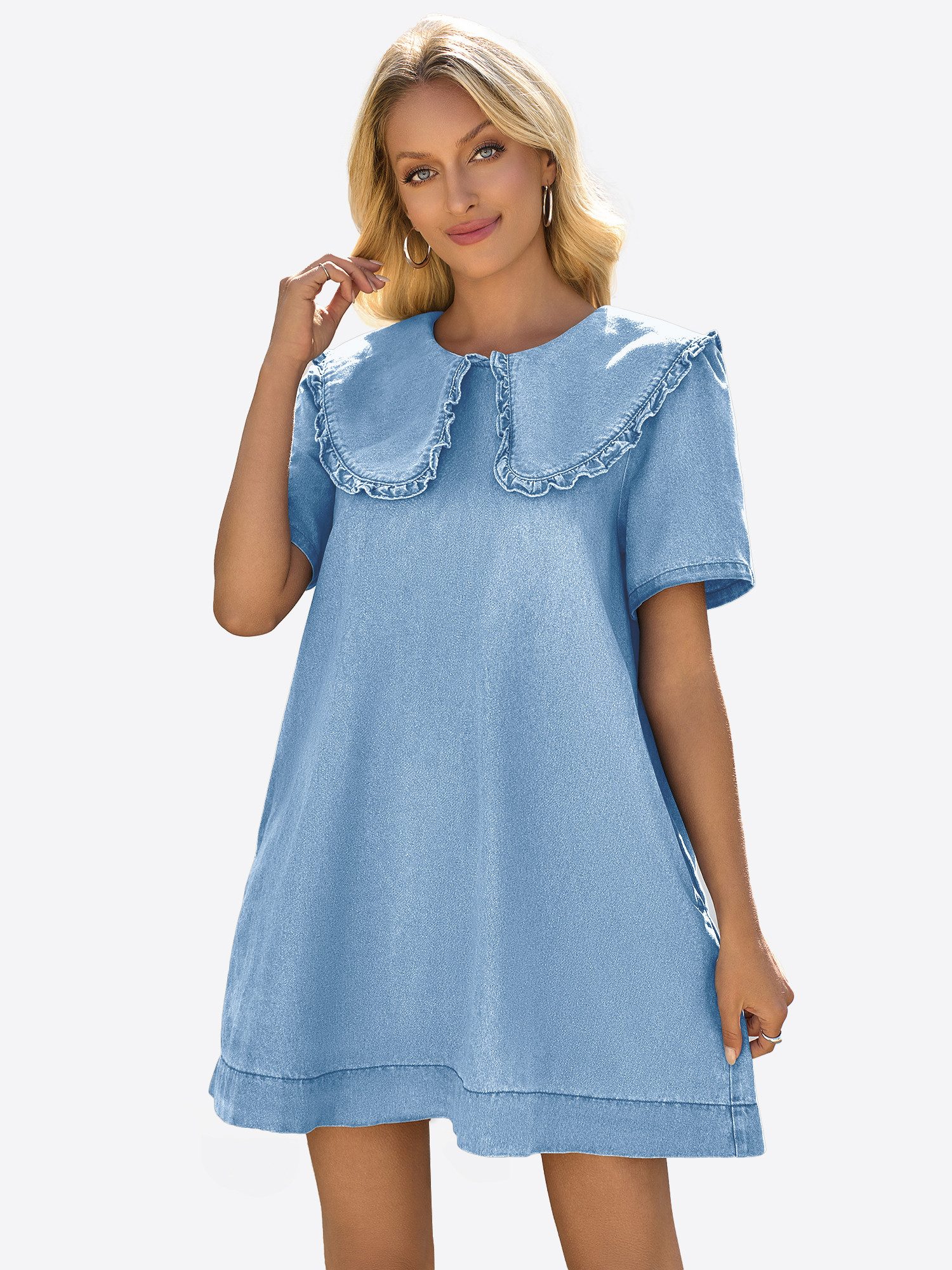 Imily Bela Minikleid Damen Fließende Babydoll Jeanskleider (Packung, 1-tlg., 1per-Pack) einfarbig