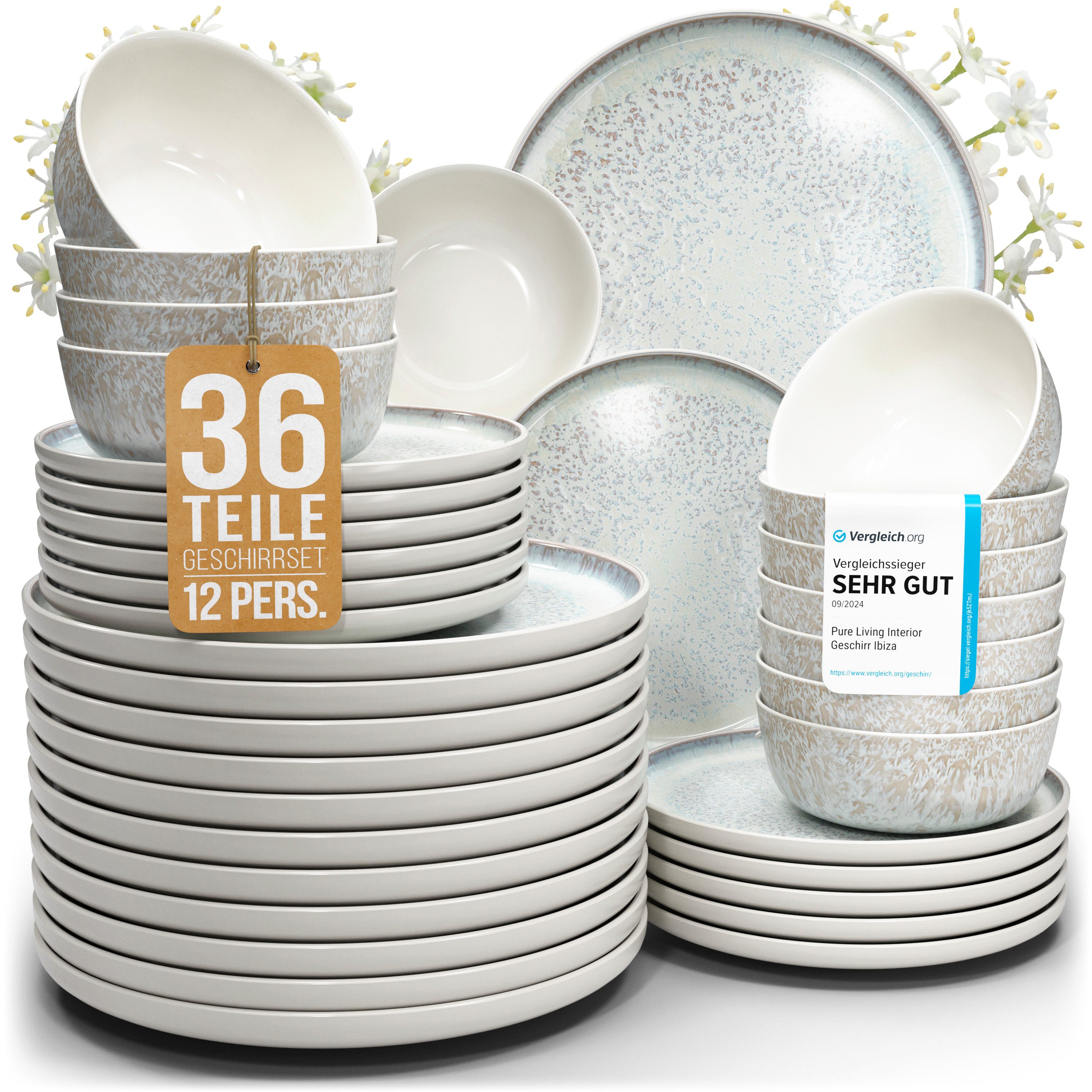 PURE LIVING INTERIOR DESIGN Geschirr-Set Ibiza aus Steingut, 36-tlg., für 12 Personen, Beige (36-tlg), 12 Personen, Steingut