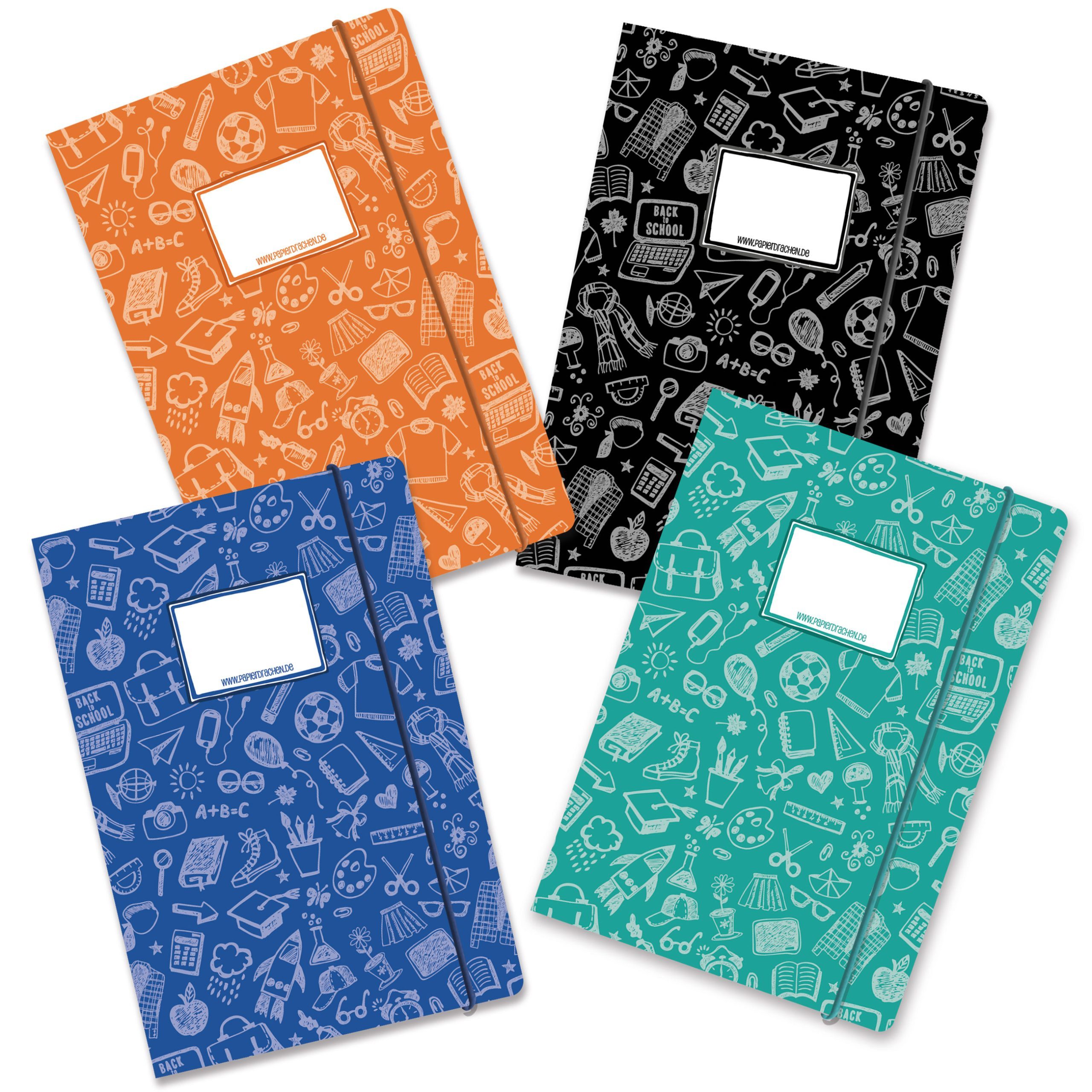 PAPIERDRACHEN Schulheft 4 Mappen aus Karton mit Gummiband DIN A4 - Scribble