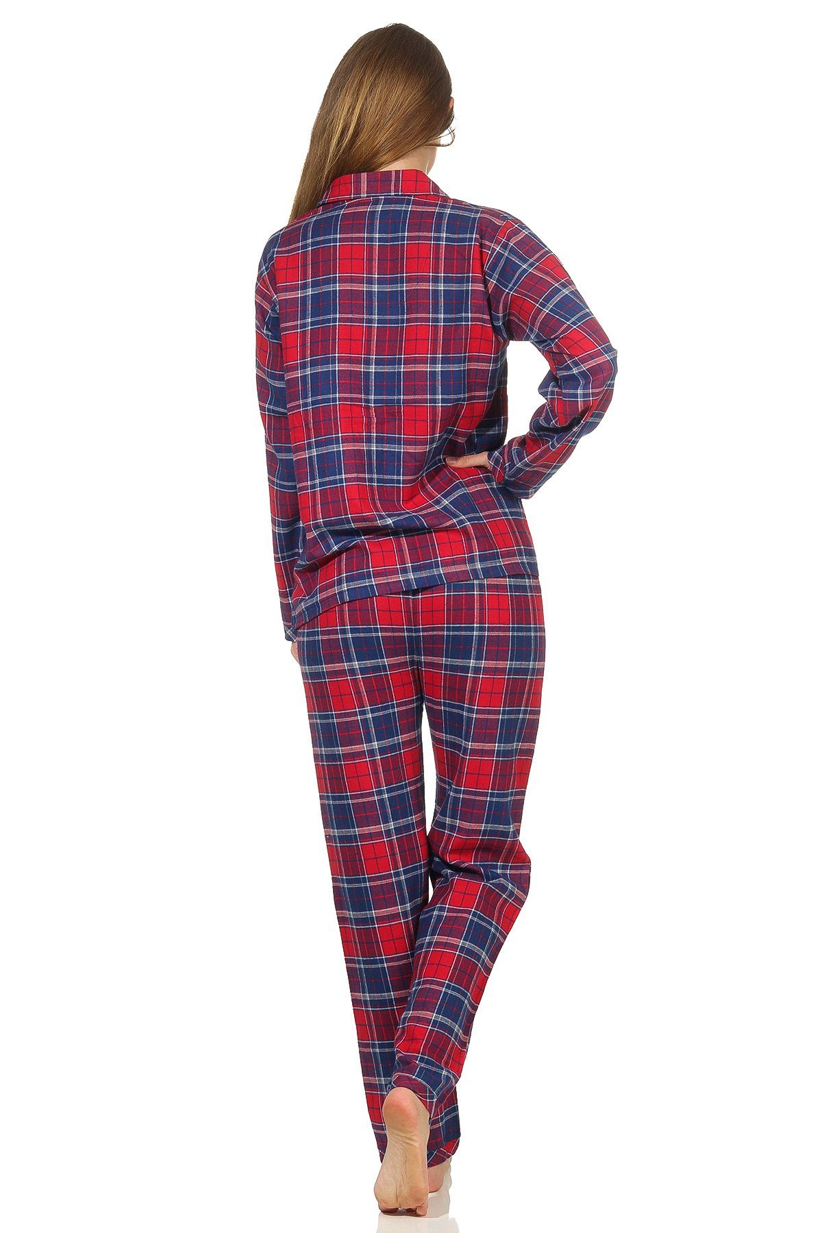 Schlafanzug Knopfleiste Hemdkragen Karo Pyjama kariert Normann mit blau Flanell Damen und