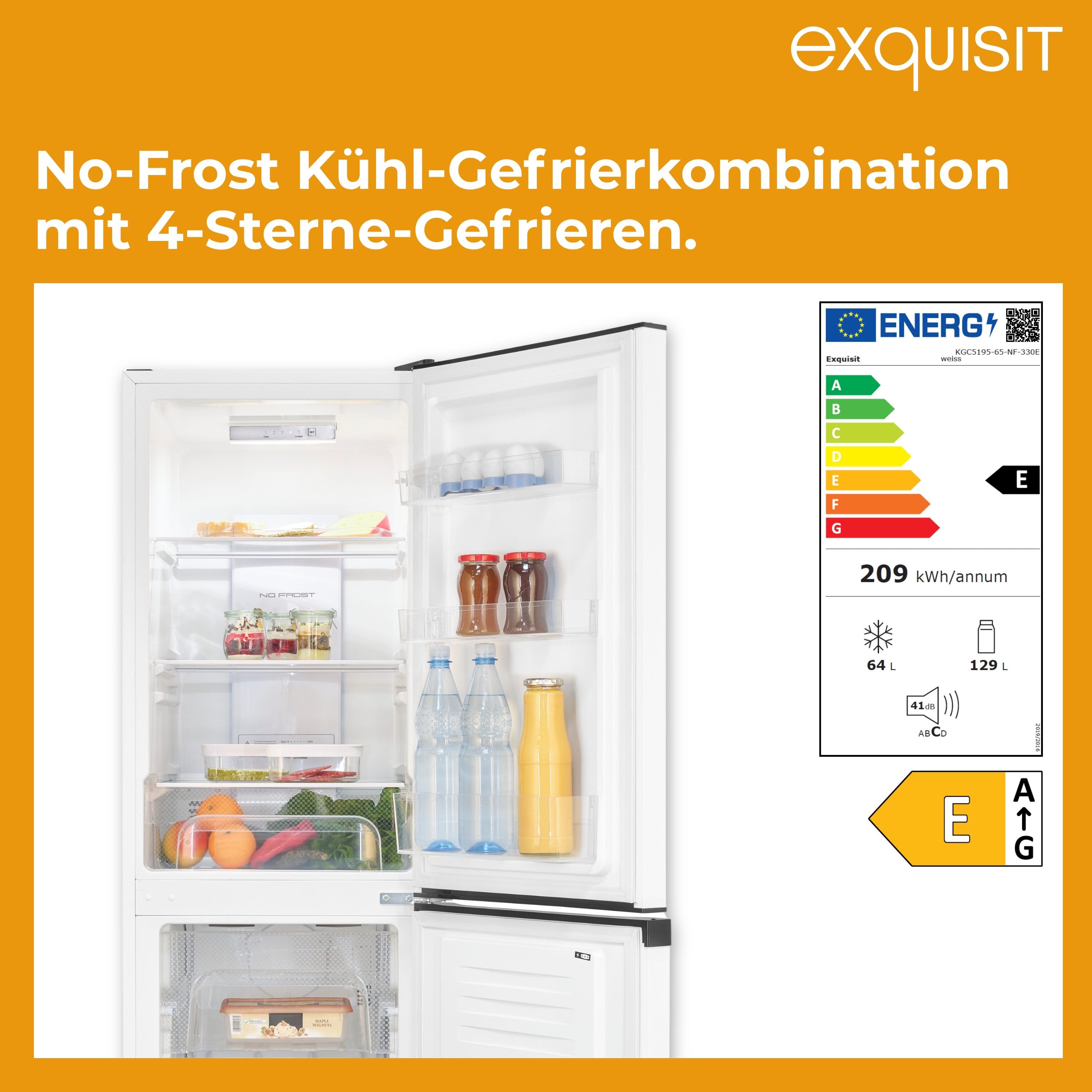 exquisit Kühl-/Gefrierkombination KGC5195-65-NF-330E, 157.5 cm hoch, 48.5 cm breit, No-Frost-Technik, LED-Beleuchtung, wechselbarer Türanschlag