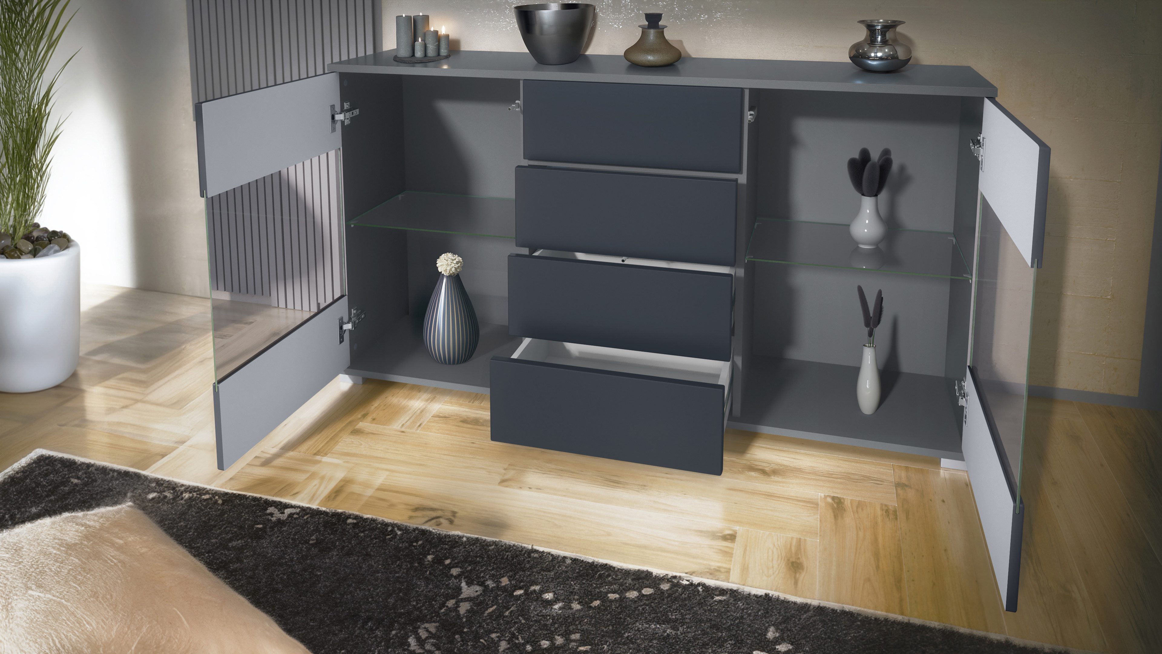 Vladon Sideboard Bari V1 (Kommode mit 2 Türen, 4 Schubladen und 2 flexible Glaseinlegeböden), Anthrazit matt/Creme Hochglanz (138,5 x 75,5 x 35)