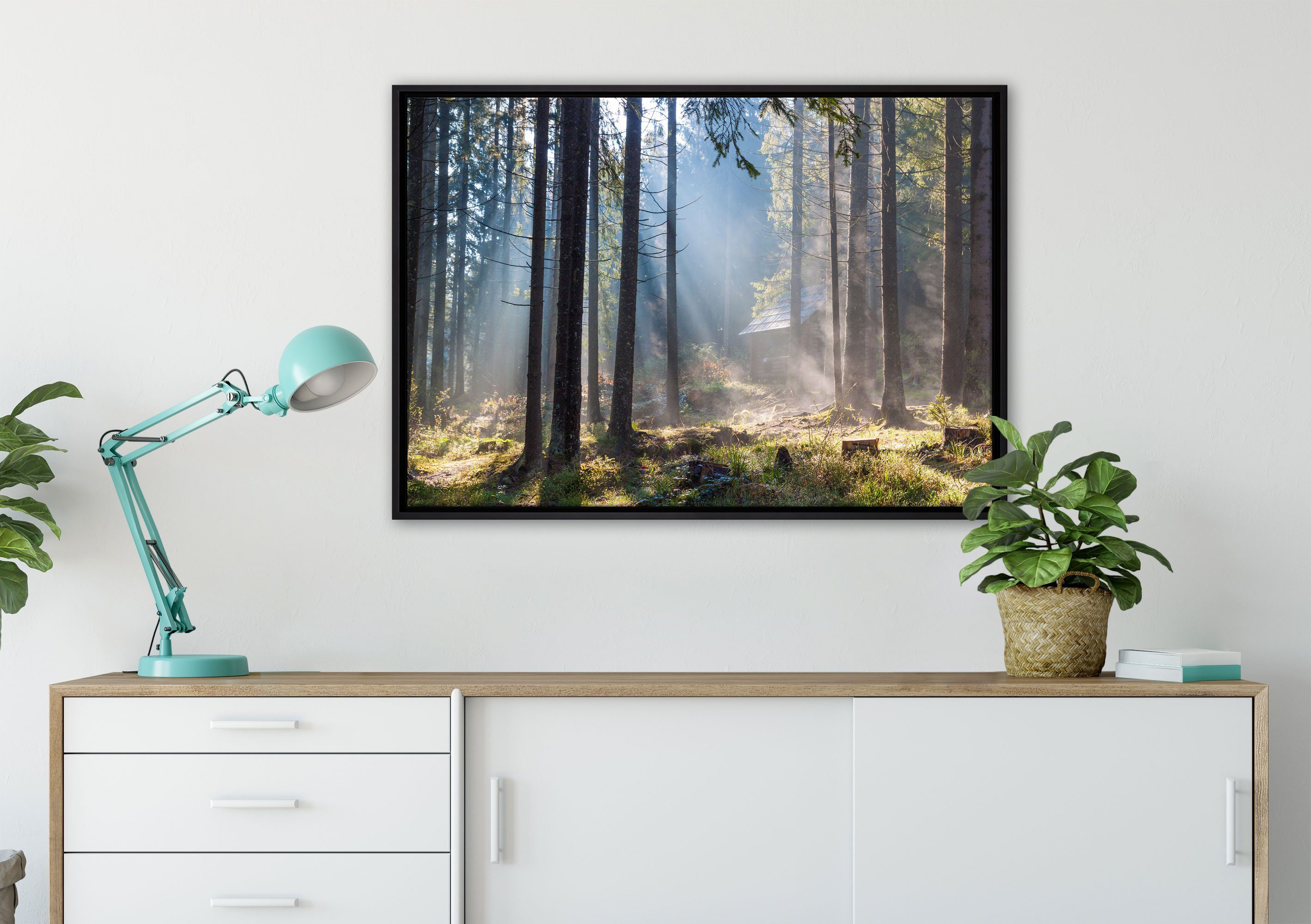St), im bespannt, Leinwandbild Wald, inkl. Sonnenstrahlen (1 in Leinwandbild Wanddekoration einem gefasst, Zackenaufhänger Schattenfugen-Bilderrahmen Pixxprint fertig