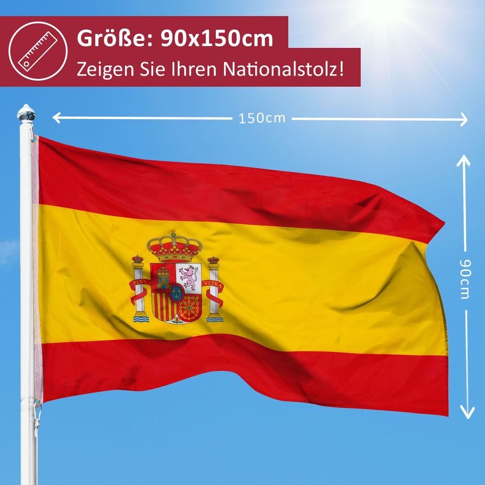 PHENO FLAGS Flagge Spanien Flagge 90 x 150 cm Spanische Fahne Nationalflagge (Hissflagge für Fahnenmast), Inkl. 2 Messing Ösen