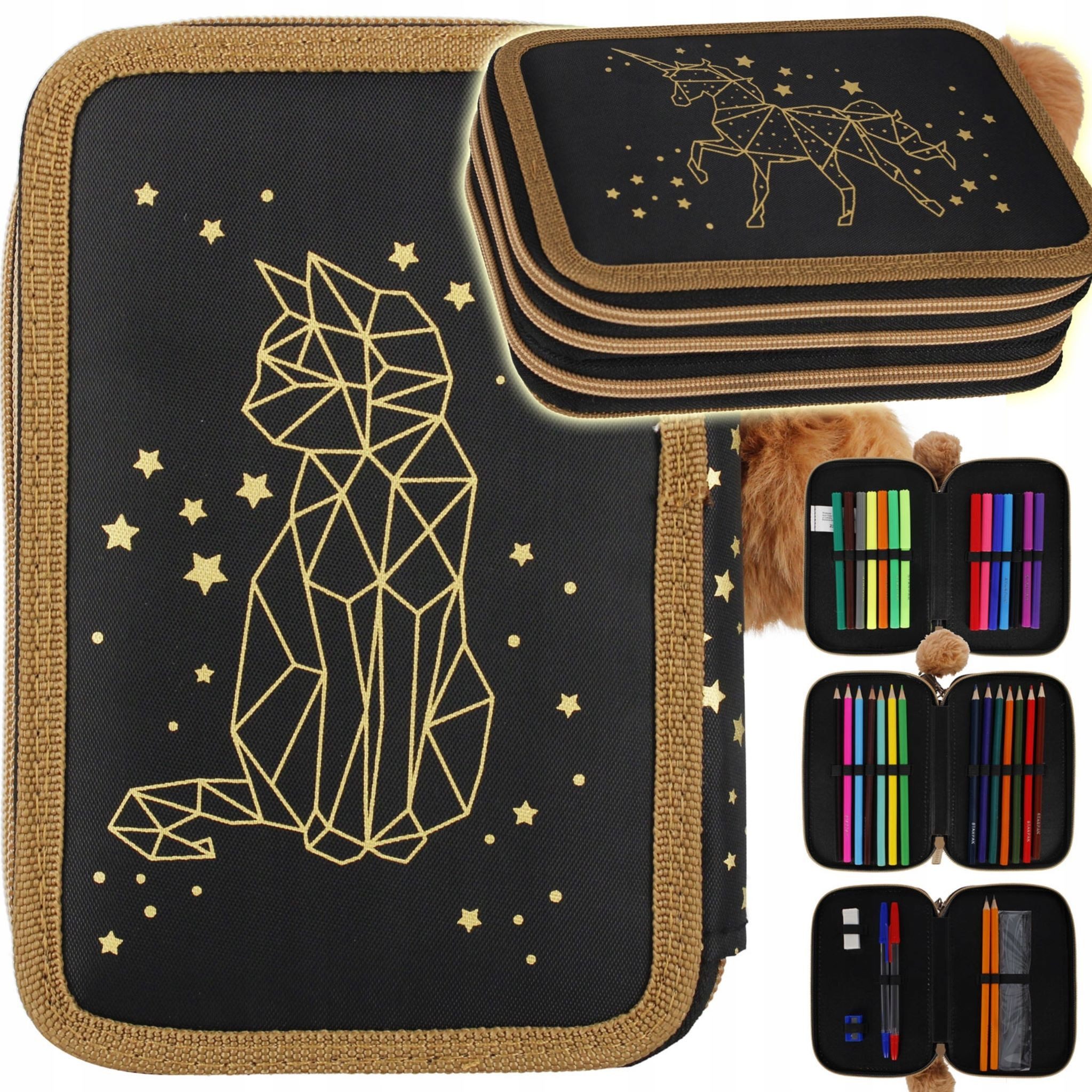 Festivalartikel Federtasche Dreifach-Federmappe Starpak Goldene Katze Einhorn Set für Mädchen 30