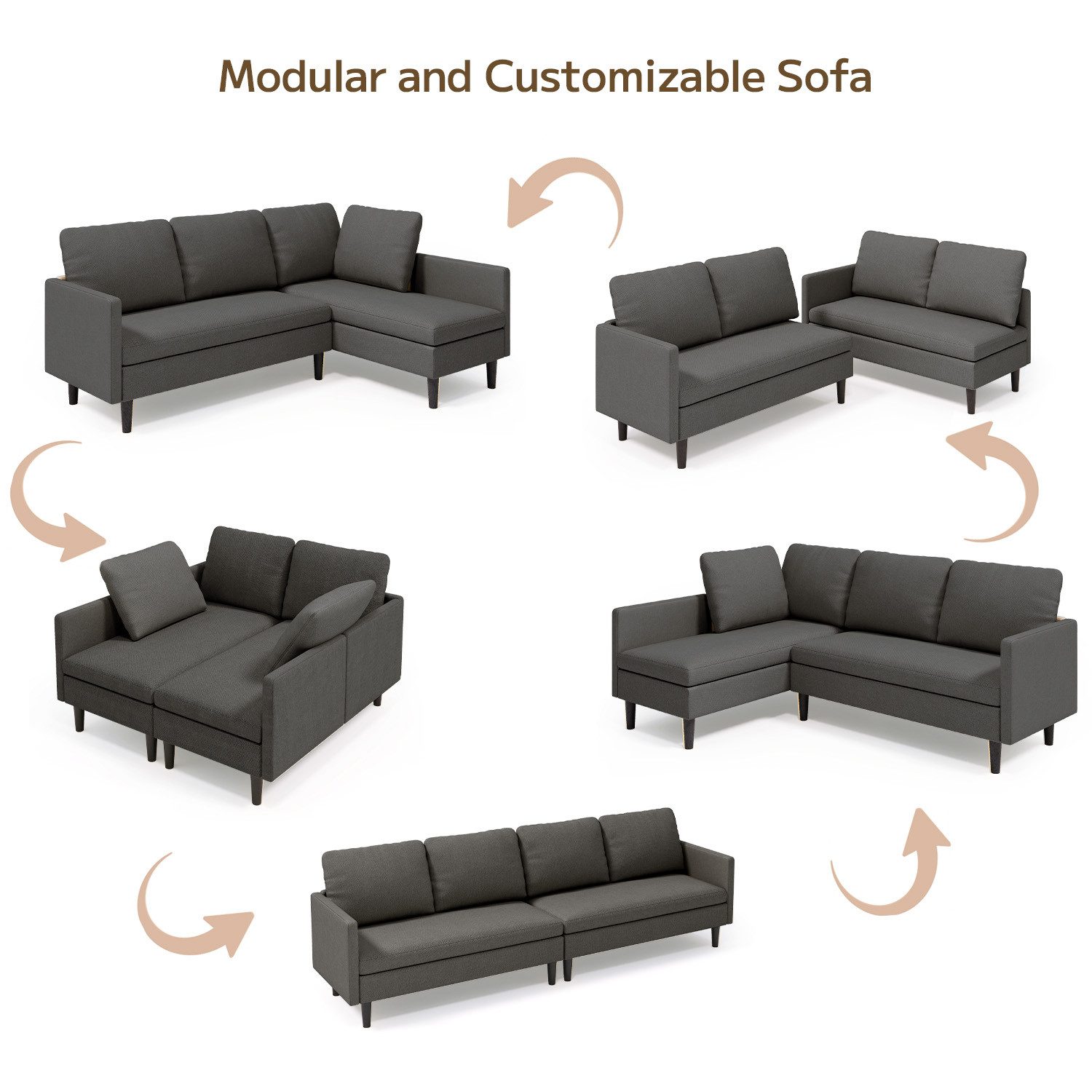 Blishom Ecksofa Ecksofa Modulares Sofa Couch mit Récamiere 3-Sitzer, Wandelsafe Eckcouch, Frottee-Bezug, Massivholzfüße, 3-Sitzer