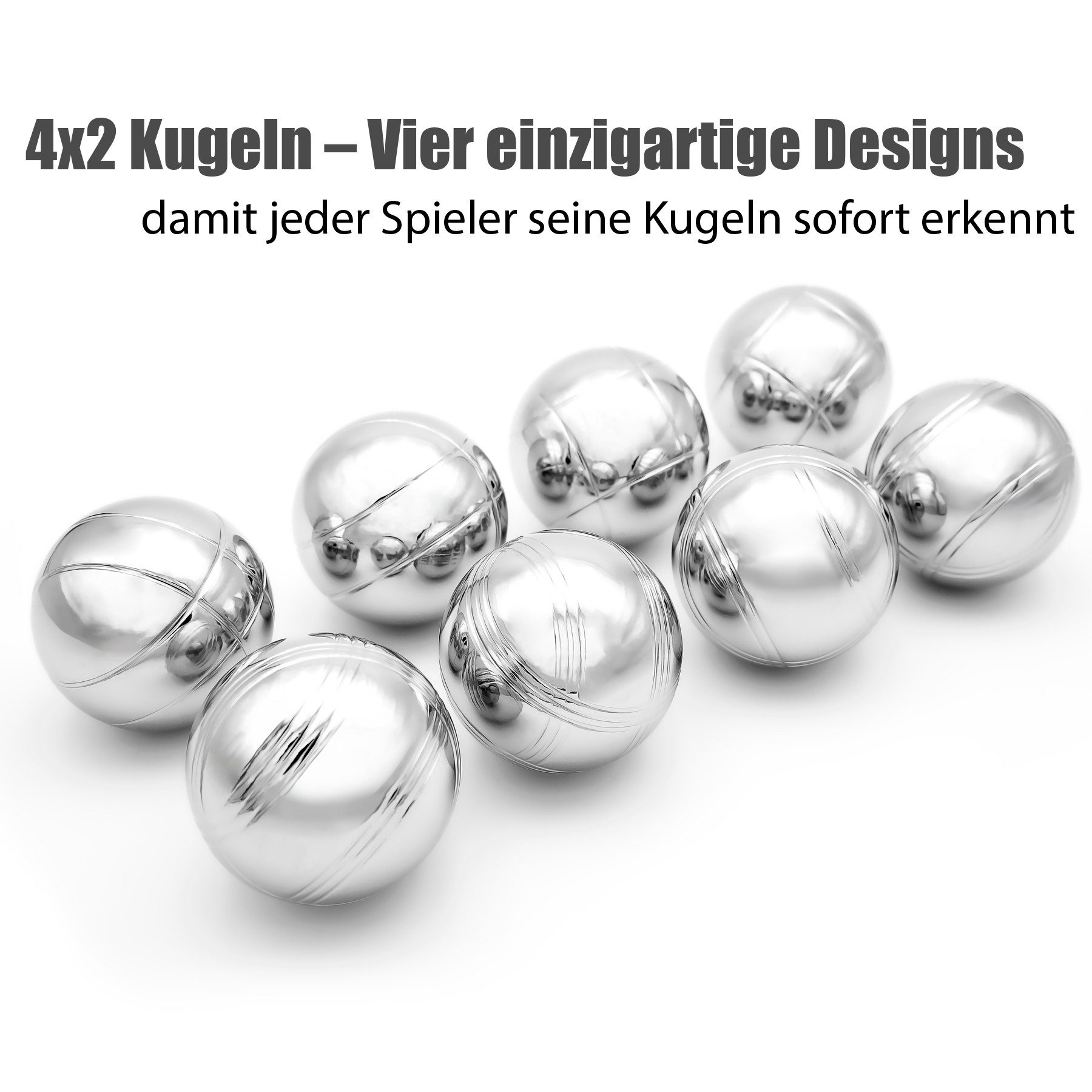 BigDean Spielball Boule Set mit 8 Boule Kugeln aus hochwertigem Edelstahl (Set, 1-St., 8 Spielkugeln, 2 Zielkugeln), Hochwertige Edelstahl Kugeln, 4 Designs leichtes erkennen der Kugeln