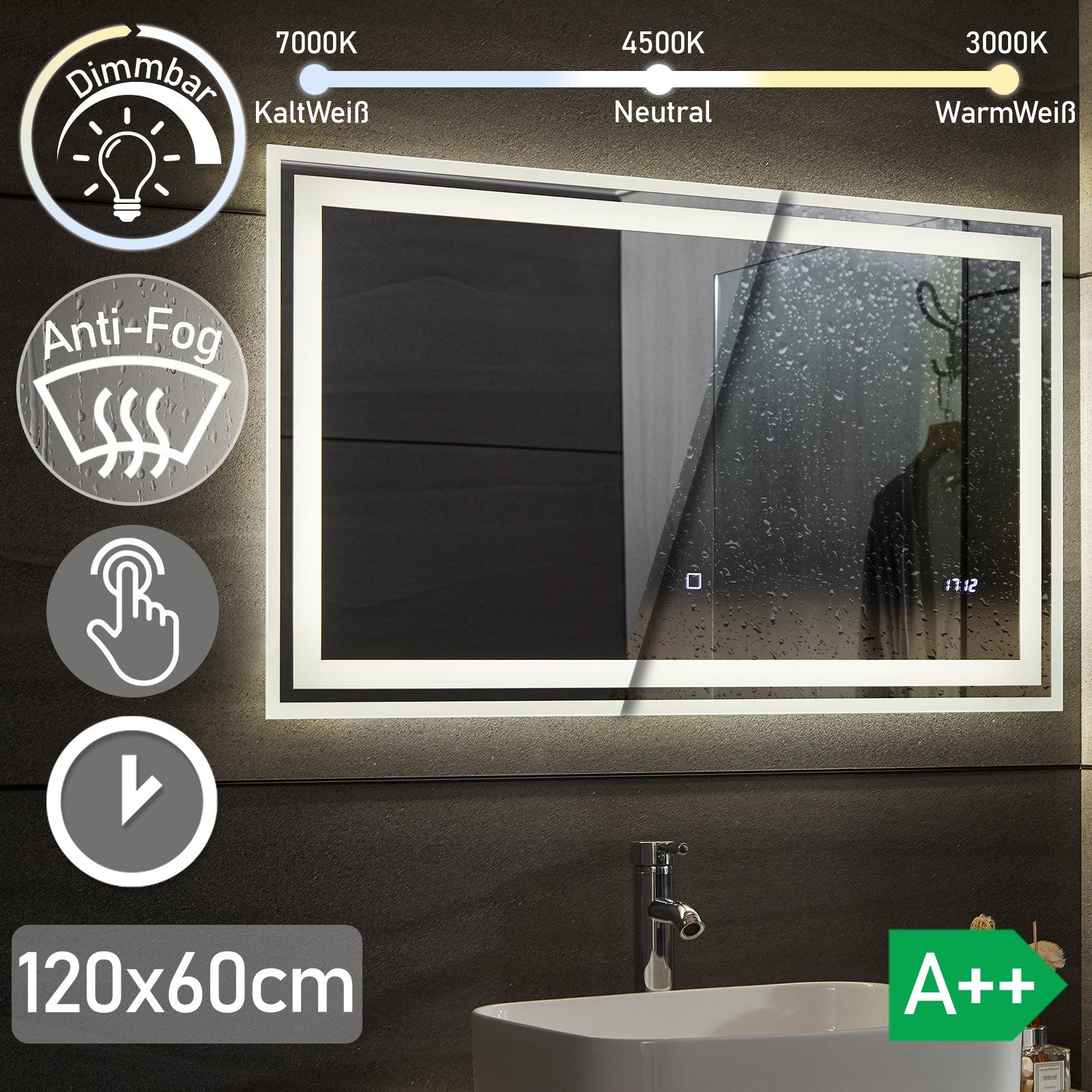 60 Dimmbar, Aquamarin Badspiegel 120 cm x - LED 3000-7000K Badspiegel Energiesparend, Beschlagfrei,