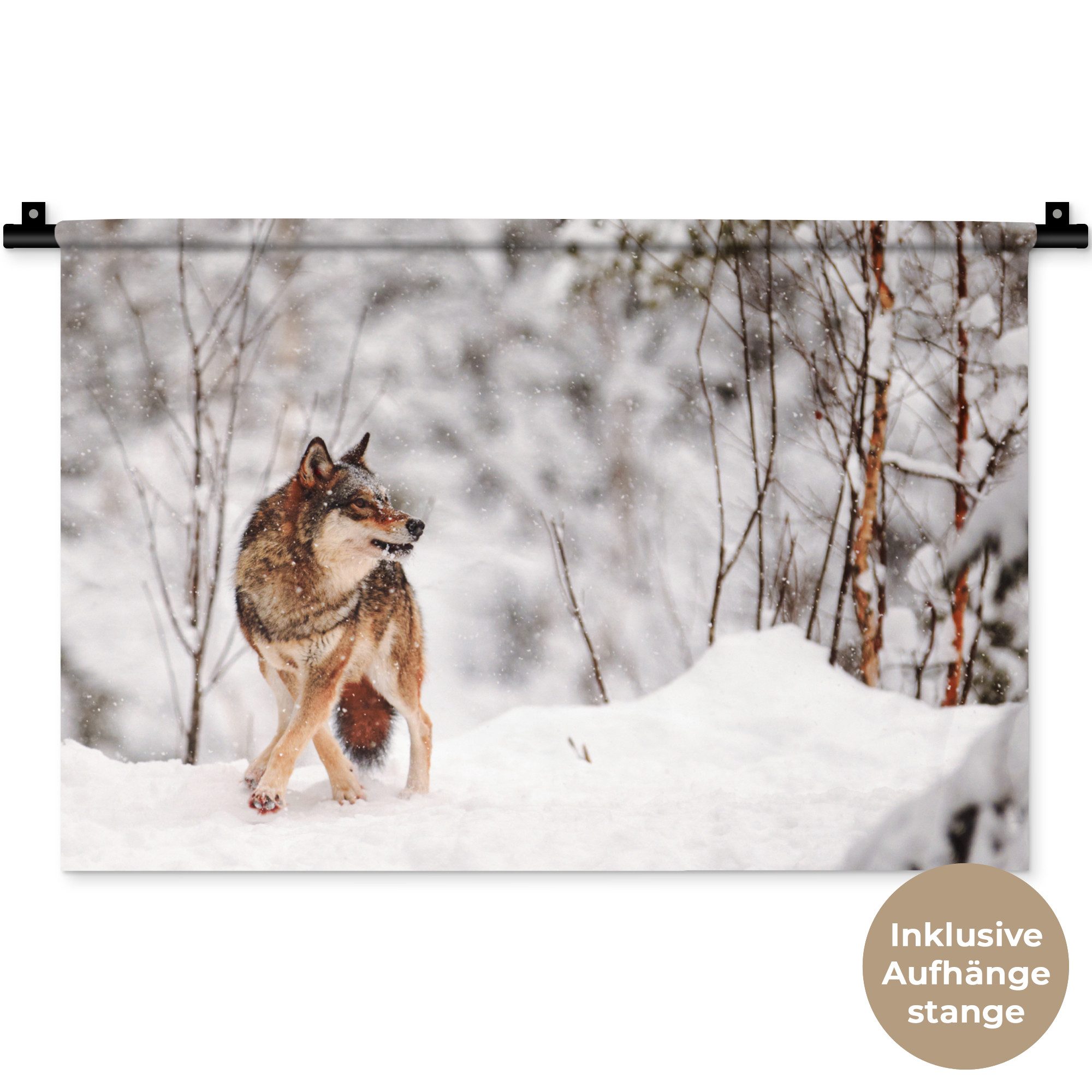 MuchoWow Wandteppich Wolf - Winter - Schnee - Natur - Tiere, Rechteckig, Höhe: 3 mm, Wandteppich für Wohnzimmer, Schlafzimmer, 60x40 cm