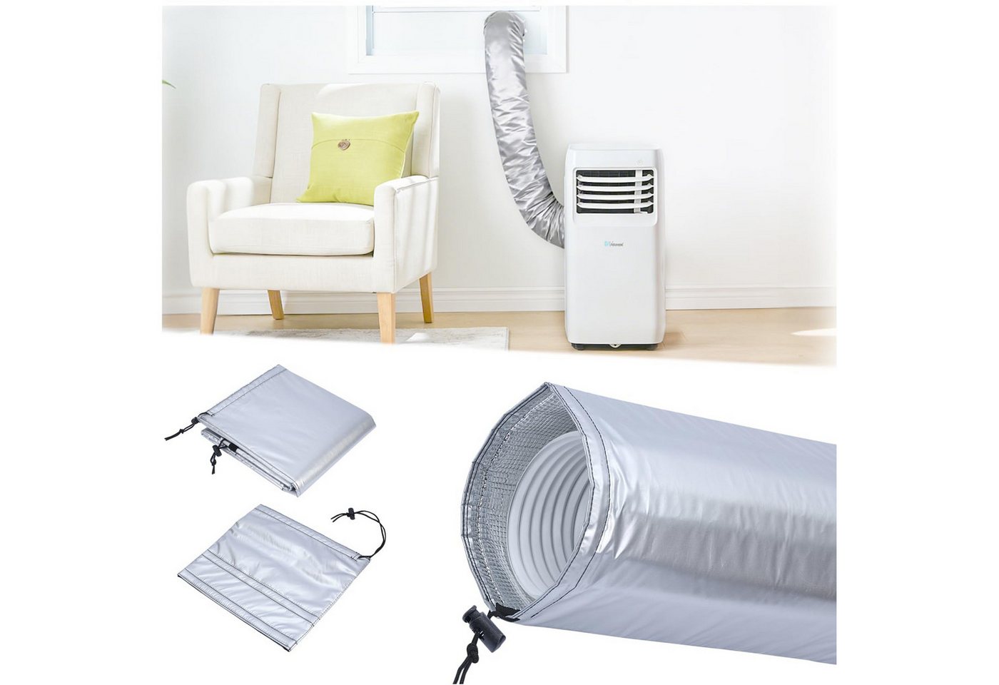 Diwzbyn Klimaanlagenschlauch Isolierhülle für den Schlauch eines mobilen Klimageräts, 4-lagige Isolierhülle aus Aluminiumfolie für Klimaanlagen-Luftkanäle