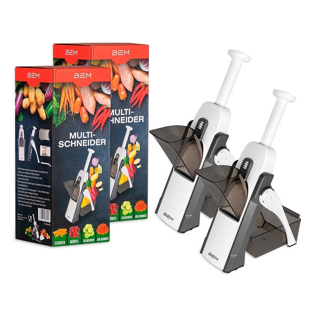 BEM Gemüsehobel 2x Multifunktionaler handbetriebener Gemüseschneid, Kunststoff, (24-in-1 Multischneider mit Fingerschutz, Mandoline Slicer Kartoffelschneider Zwiebelschneider Karottenhobel), Gurkenschneider Salatschneider Pommesfrites Cutter BPA-Frei