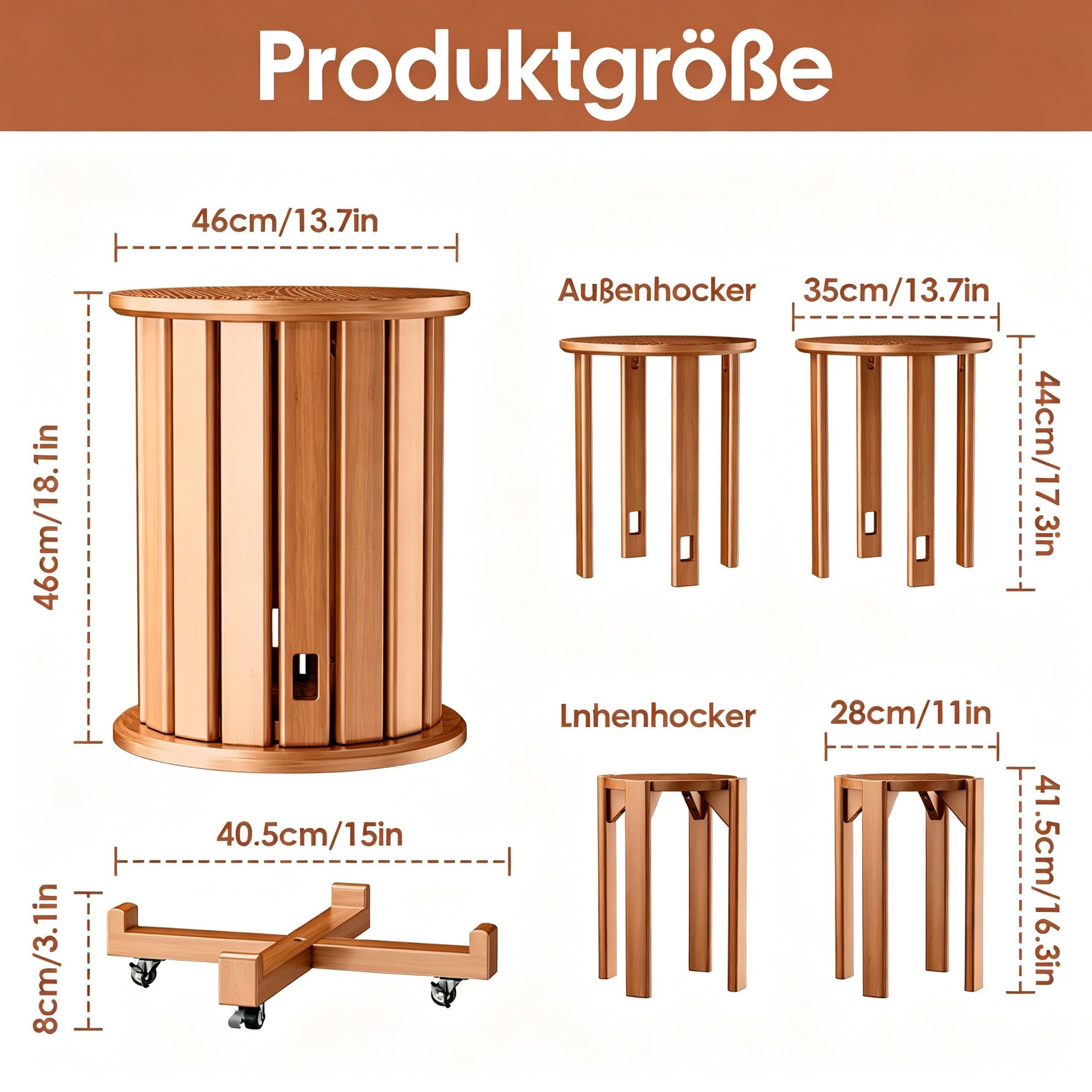 Rutaqian Sitzhocker Massivholz Stapelhocker 4er Set mit Rollen, runde Hocker (Ein 4-teiliges Set), 4 Hocker als ein Möbelstück – stapelbar, Massivholz & mit Rol – Bild 2 von 5