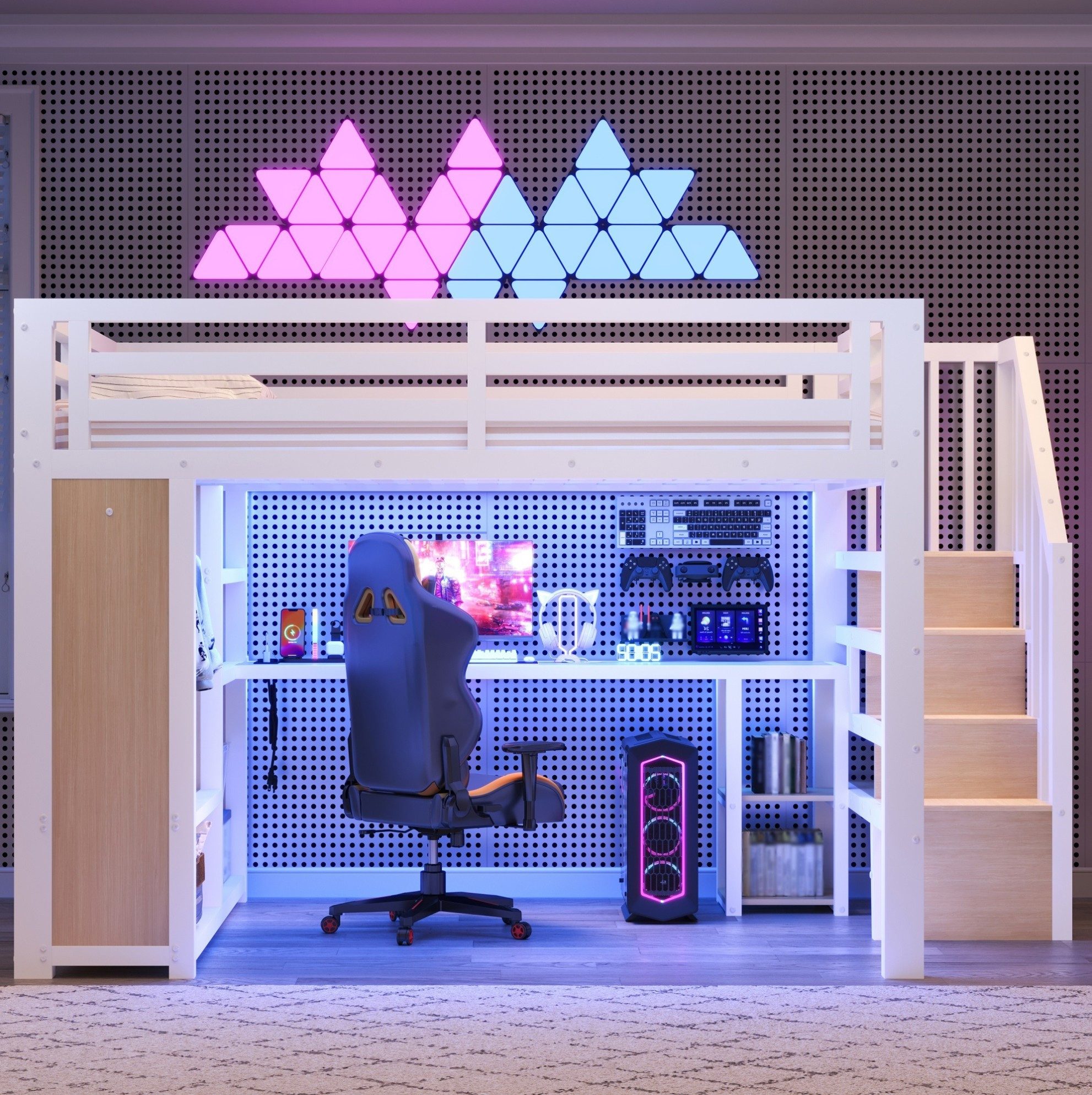 MODFU Hochbett Jugendzimmer Möbel mit Treppe Kleiderschrank und Fächern (Packung, 1-St., 160×200 cm Spielbett Weiß aus Metall mit LED Beleuchtung) Bett mit integriertem Schreibtisch und USB Ladefunktion,ohne Matratze