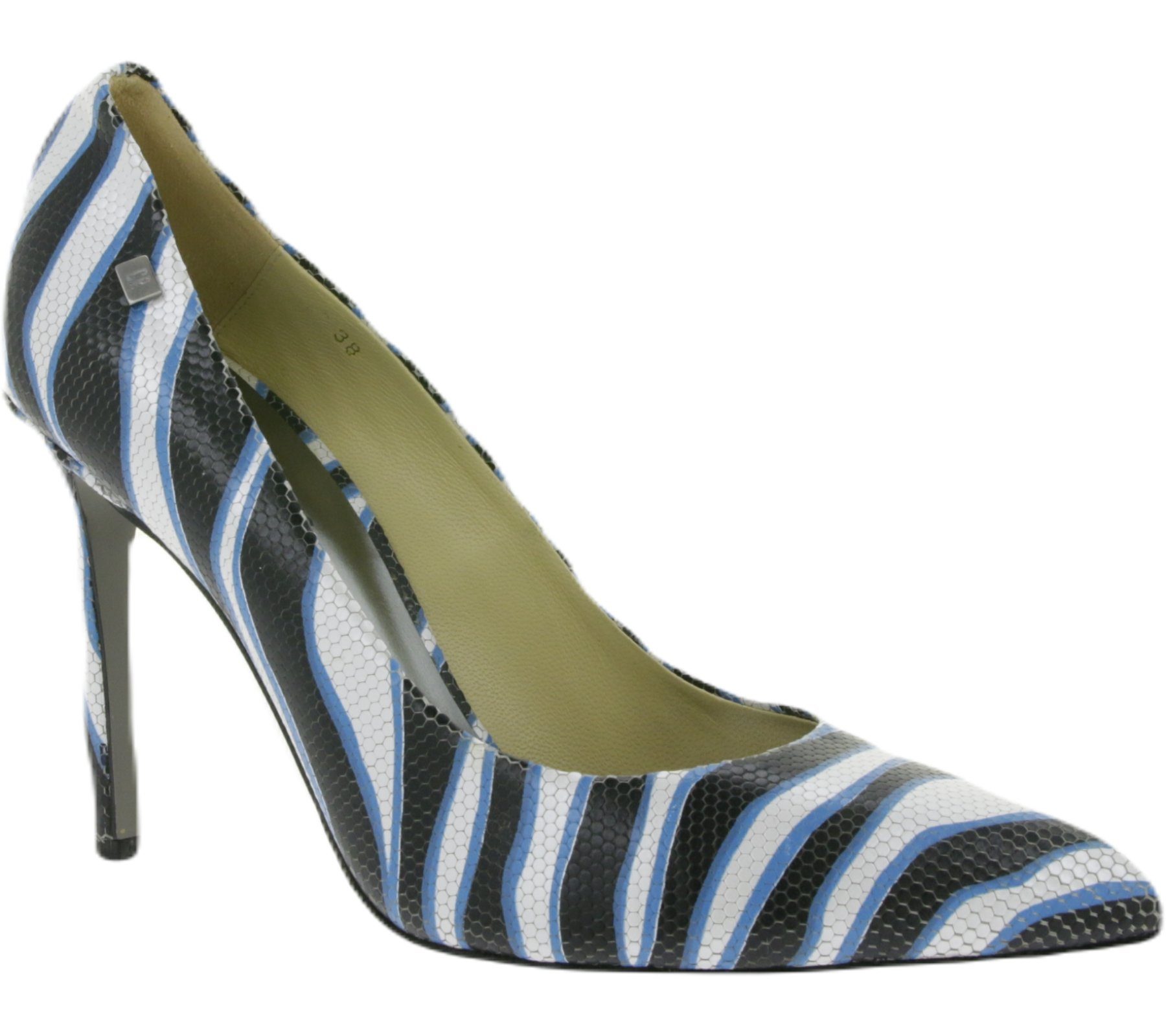 CR7 CR7 CRISTIANO RONALDO Tango Damen Echtleder Stilettos mit Zebra-Muster  Made in Portugal Absatz-Schuhe Schwarz/Weiß/Blau Pumps