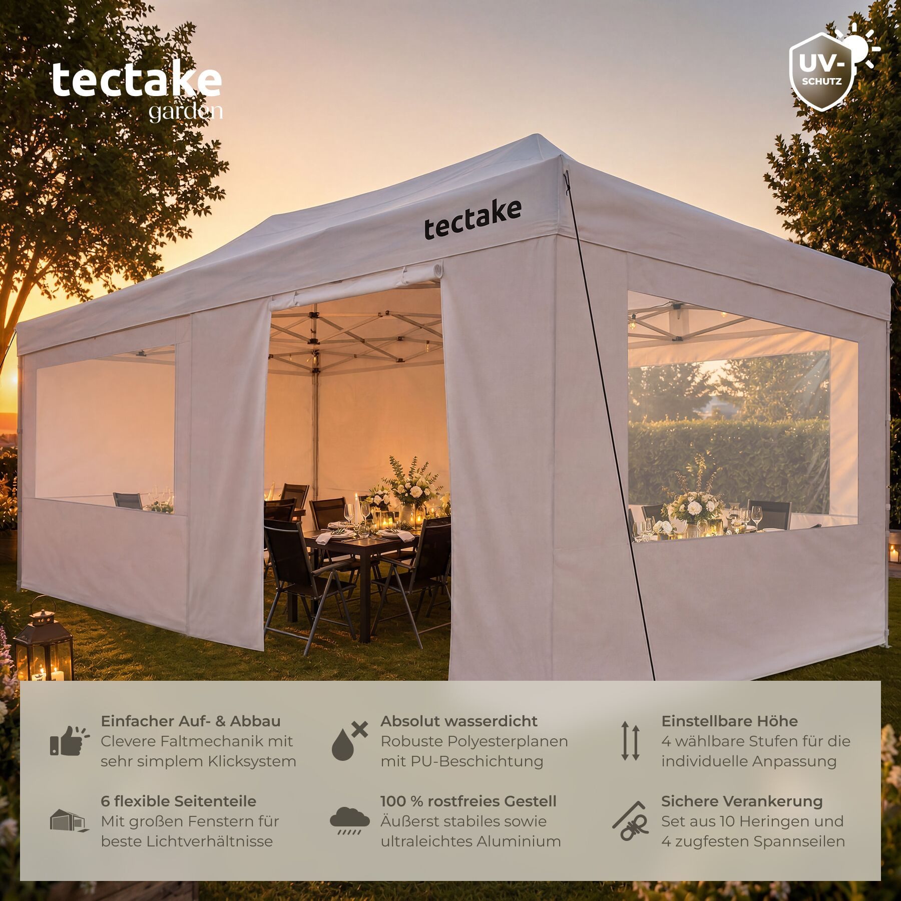 tectake Pavillon Aluminium Faltpavillon, 6 x 3 m, wasserdicht, mit Tragetasche, mit 6 Seitenteilen, (Partyzelt Viola, in weiß), 6 Seitenteile, mit Reißverschlusszugang und 3 Fenstern, mit UV-Schutz