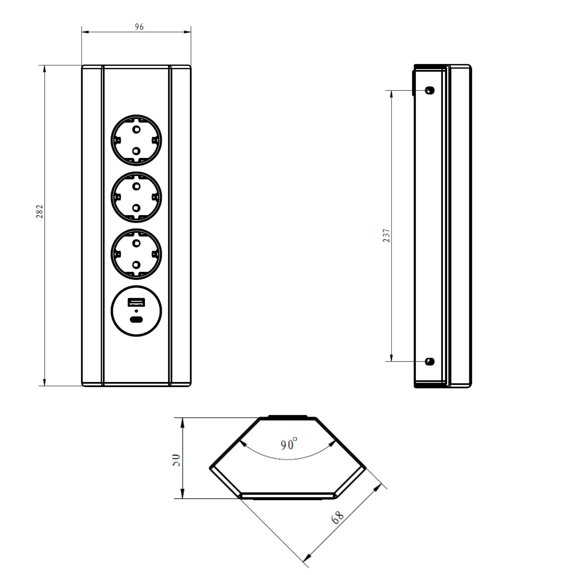 kalb Steckdose Ecksteckdosenleiste 4-fach 3x 230V und 2x USB Anschluss silber/schwarz – Bild 5 von 5