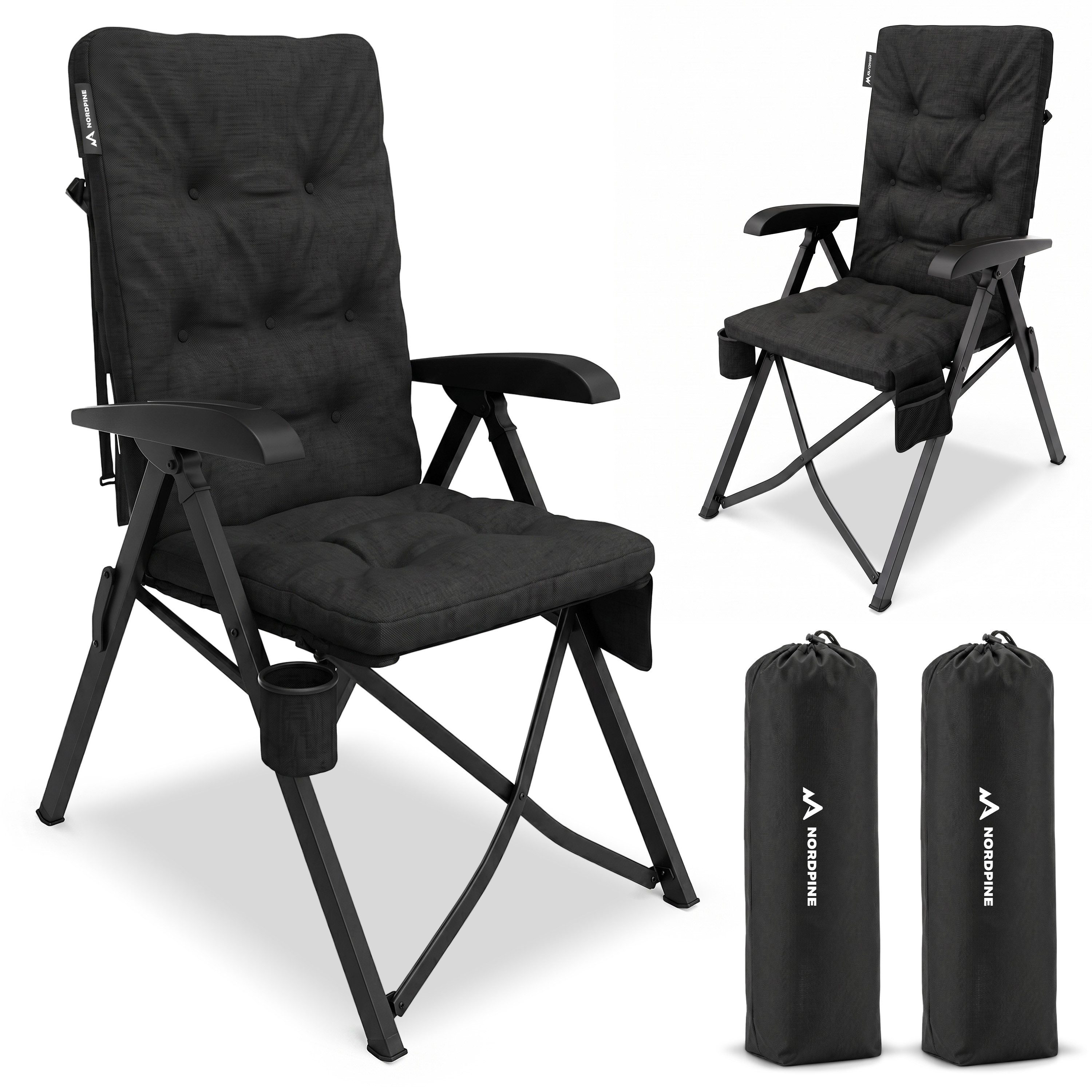 NEOLYMP Campingstuhl Faltbarer Campingstuhl bis 150 kg mit Getränkehalter & Taschen, Gestell aus Aluminium