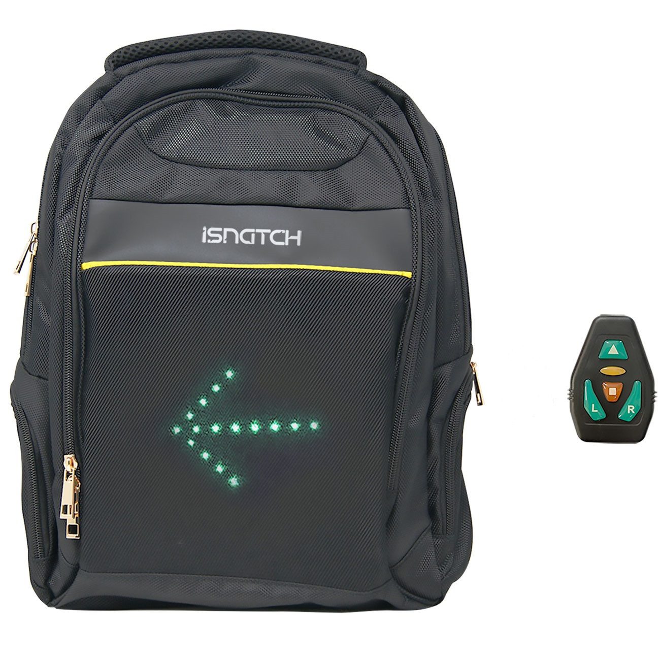 ISNATCH Rucksack LED Blinker-Rucksack Schwarz: Mit Notebook-Fach, Fernbedienung & Pfeil