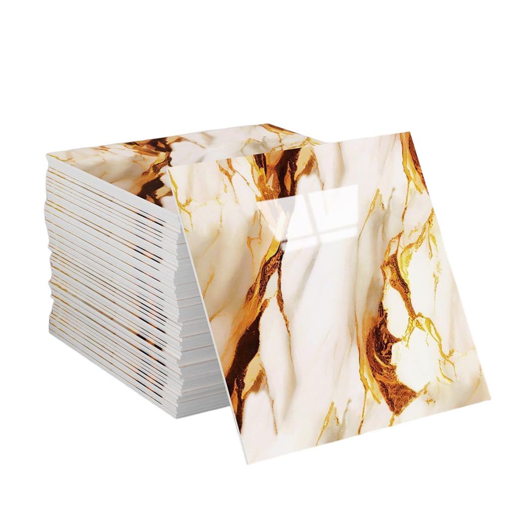Agger Wandfliese Selbstklebend, Tile Stickers 10 Stück, Peel and Stick Tiles 30X30CM, 30x30, Gold-Weiß, Wasserfest & Schmutzabweisend, Fliesenaufkleber Marmor