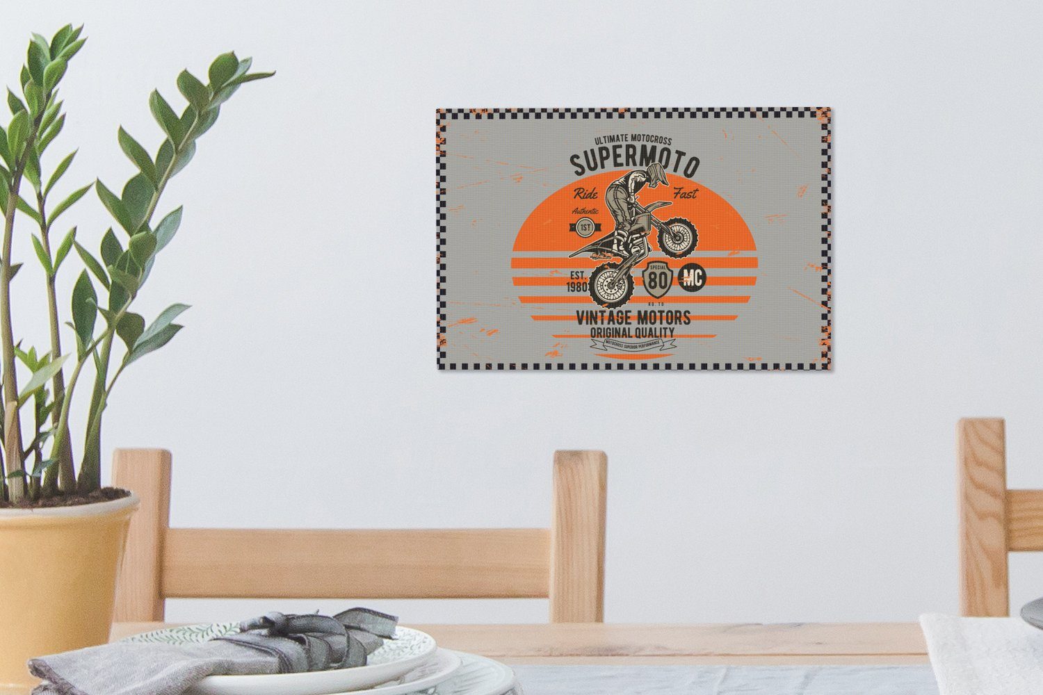 (1 cm Grau, - OneMillionCanvasses® - Vintage Mancave Leinwandbilder, - Motorrad Wandbild - Leinwandbild Orange 30x20 St), Wanddeko, Aufhängefertig,