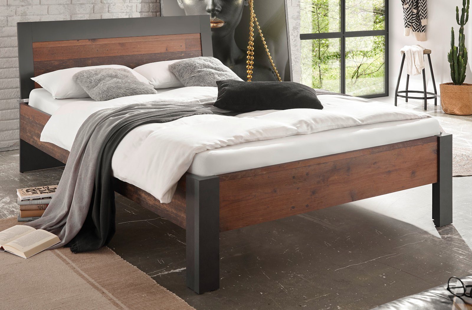 Liegefläche Ward (in Used-Wood-Design Furn.Design Wood Bett Used mit grau, 140x200 cm),