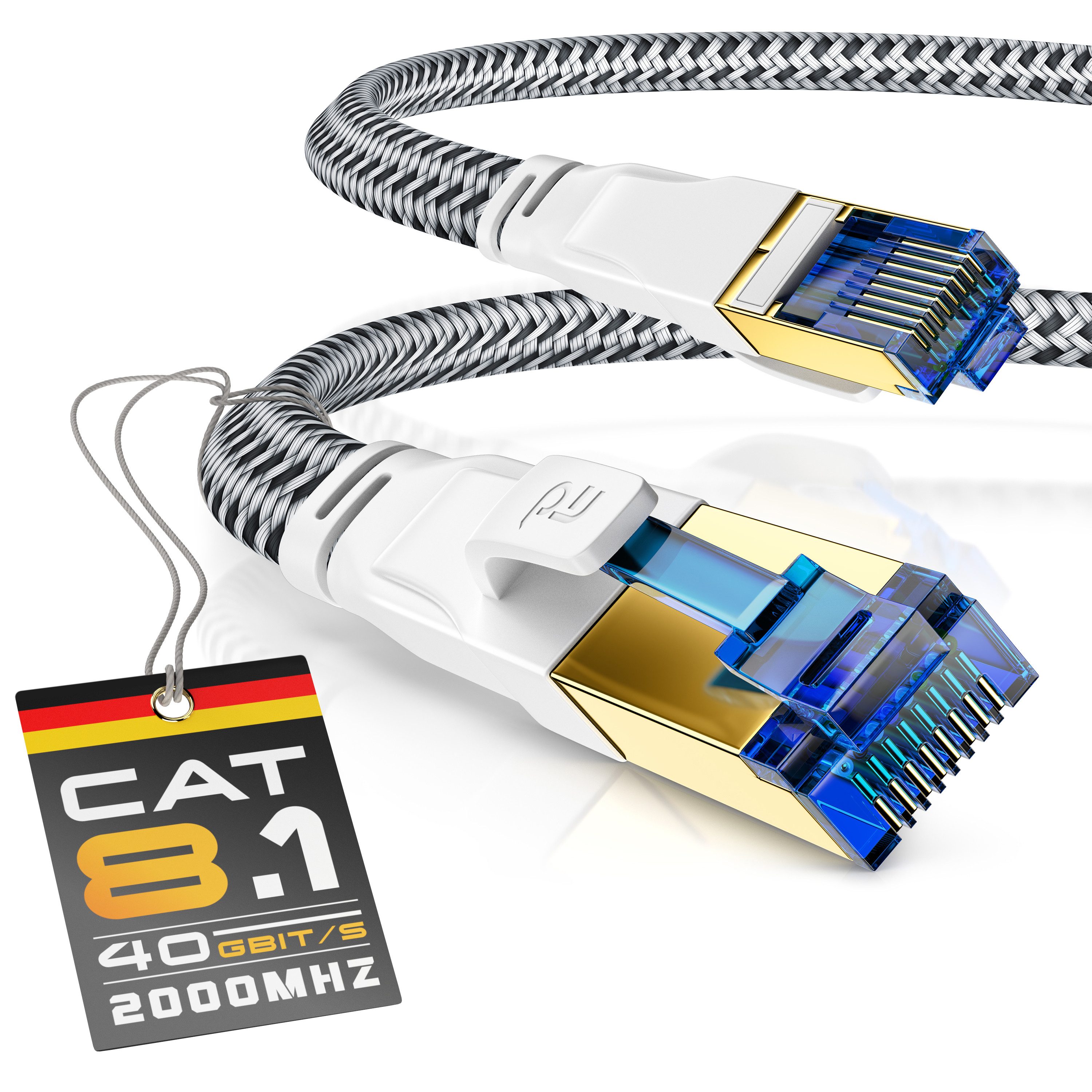 Primewire Patchkabel flach CAT 8, Baumwollmantel Flachband Netzwerkkabel - 0,25m LAN-Kabel, CAT.8, RJ-45 (Ethernet) (25 cm), für Router, Modem, Switch, PC, ideal für Gaming, Streaming, Homeoffice