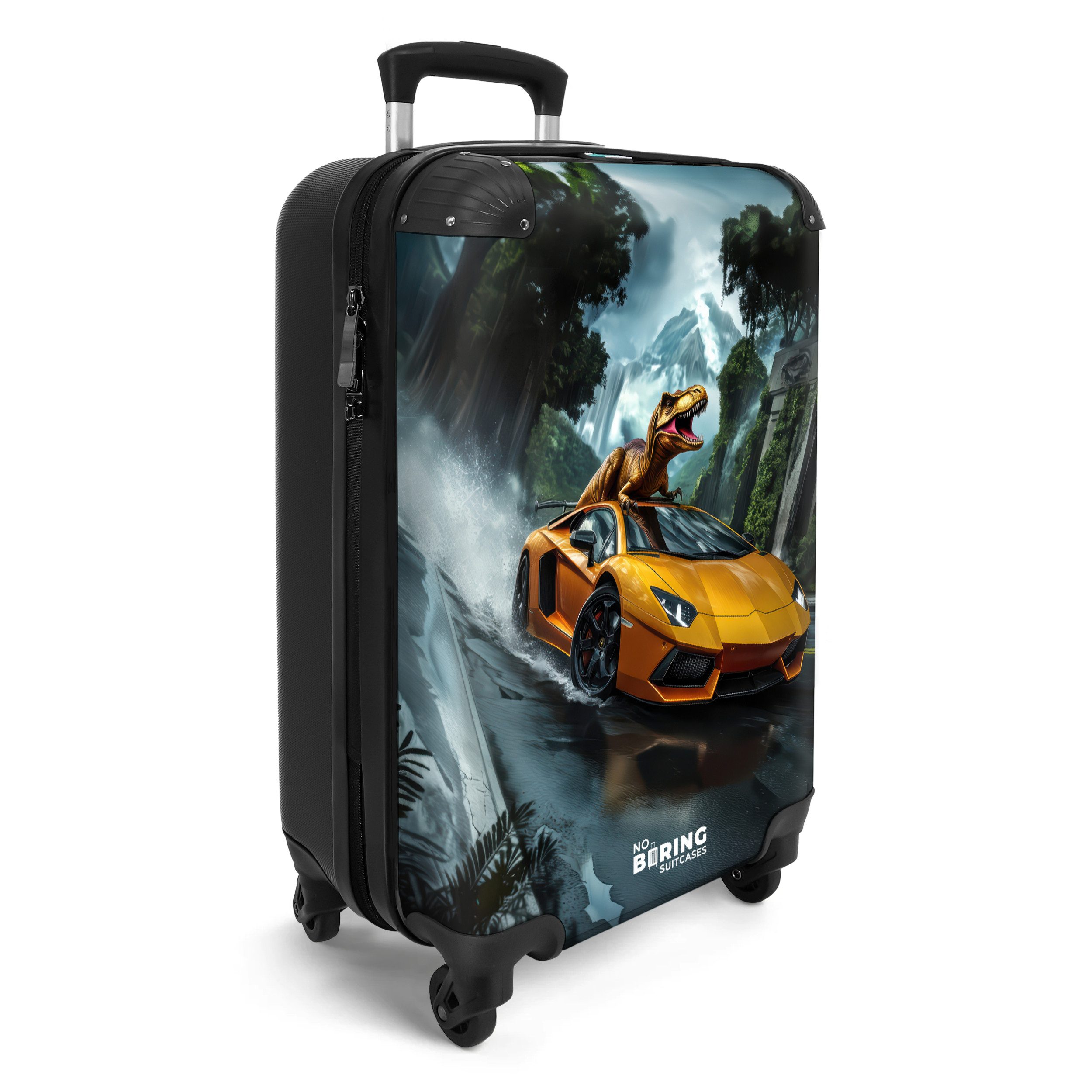 NoBoringSuitcases.com© Kinderkoffer T-Rex auf orangefarbenem Sportwagen im verregneten Wald 55x35x20cm, 4 Rollen, Handgepäck Koffer, Hartschalenkoffer Kinder, Reisekoffer Jungen