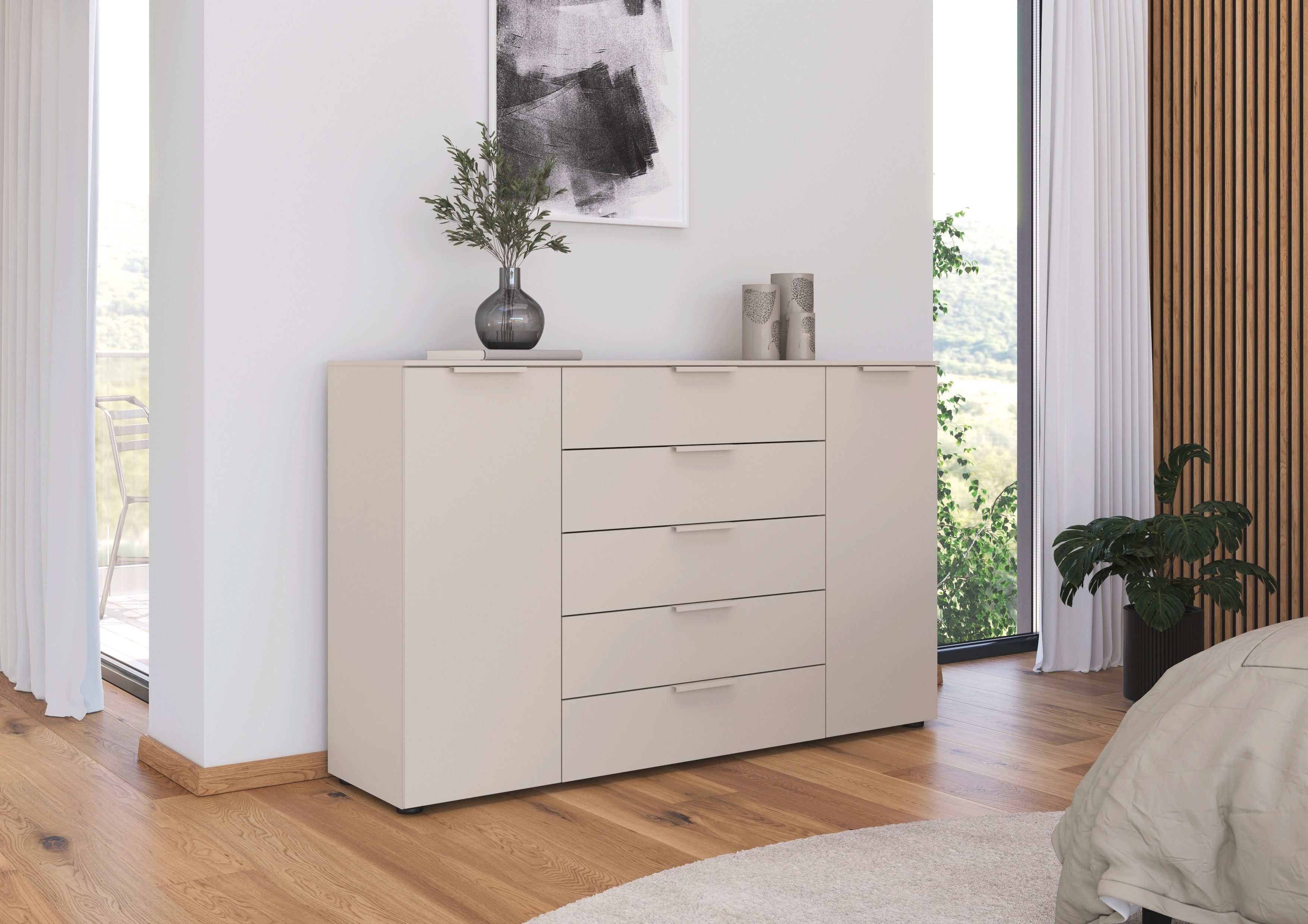 rauch Schubkastenkommode Flipp Schubladenkommode Wäscheschrank Schrank (Breite 160/180 cm mit 4 Einlegeböden), 2-türig mit 5 Schubladen und Soft-Close-Funktion in zwei Breiten
