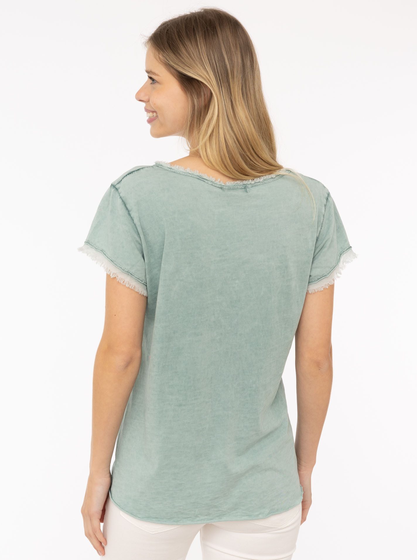 Zwillingsherz T-Shirt "Positive Mind" V-Ausschnitt, Kurzarm, Used-Look, Baumwolle, ausgefranste Kanten – Bild 3 von 5