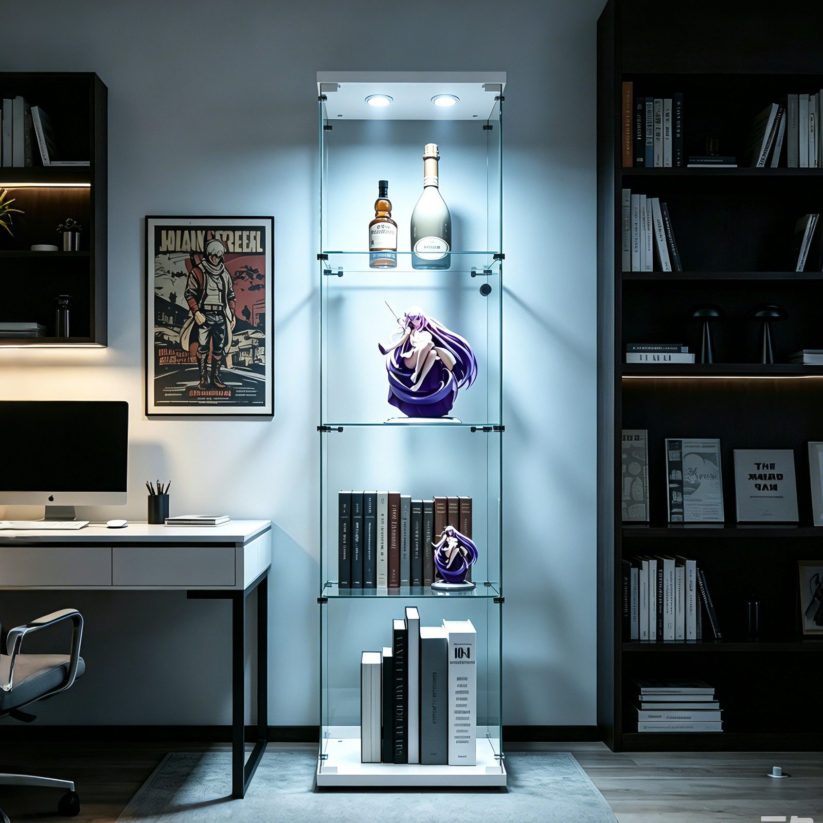 Simurq Glasvitrine mit LED Beleuchtung Standvitrine mit Glastür,Eckvitrine Glas (1-2 Packungen, Vitrinenschrank mit 1 türen,Schloss) Glas vitrine aus Gehärtetes Glas,Sammlervitrine Stehend