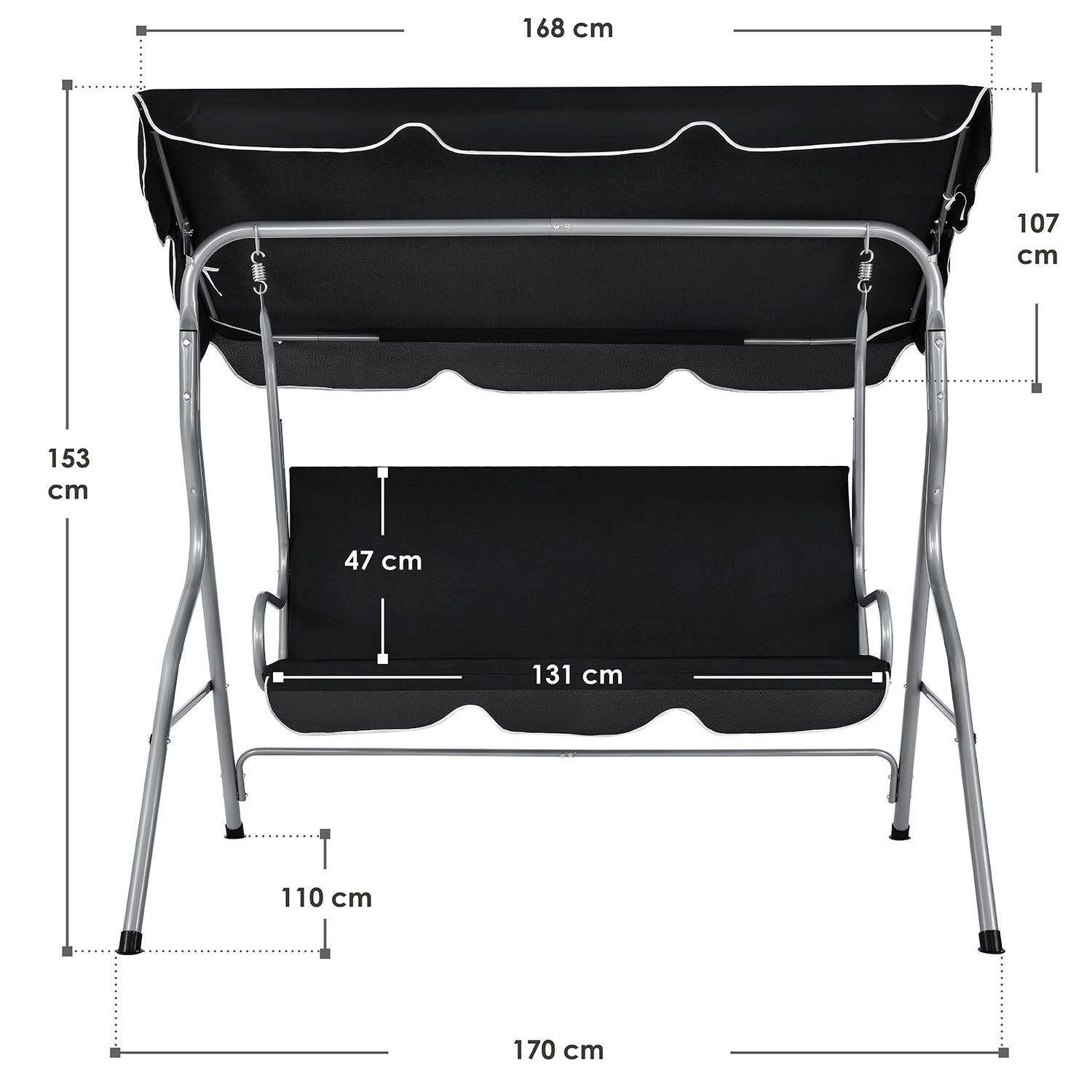 200 Terrasse Cecina, Schwarz kg, | Dach Hollywoodschaukel und und bis Juskys Schwarz für mit Garten Sitzauflage, 3-Sitzer,