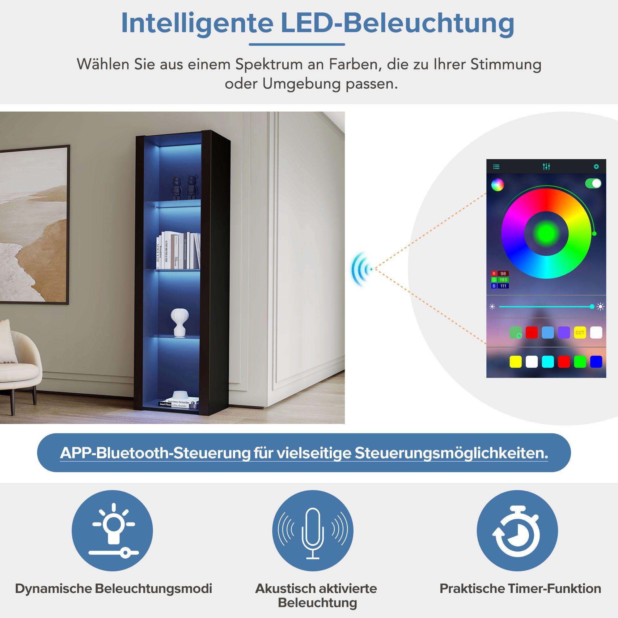 Merax Standvitrine schmal Vitrinenschrank mit 4 Fächern, APP Steurung mit LED und Glaseinlgeböden,Glasvitrine hochglanz,H:166cm