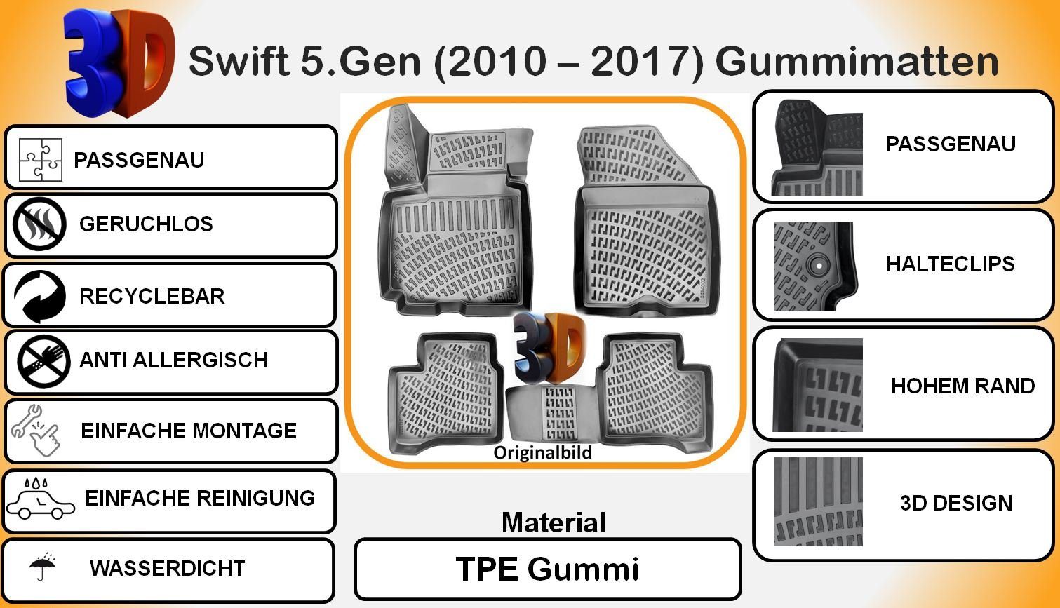 SUZUKI Trimak Autofußmatten Gummimatten Trimak (2010–2017) 5.Gen Auto-Fußmatte, SWIFT