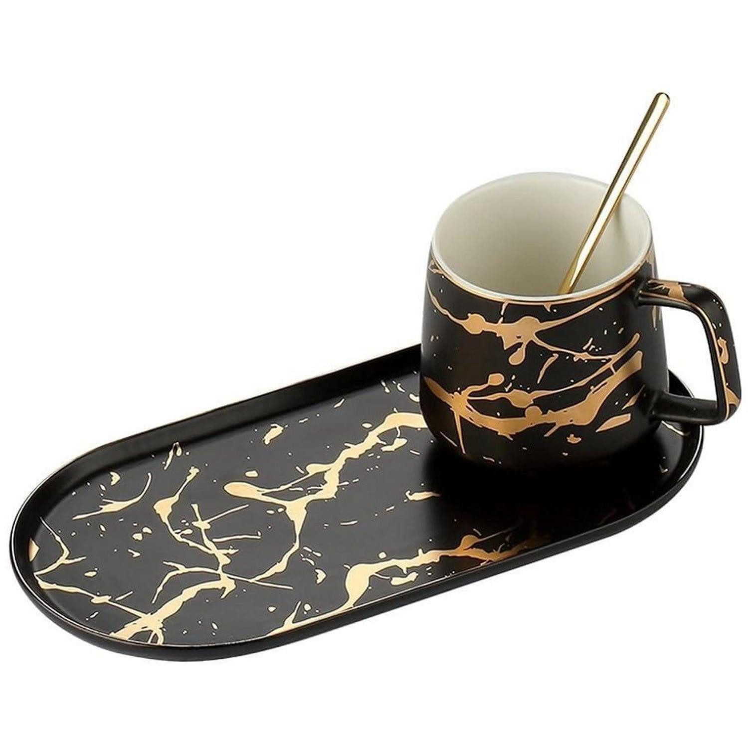 LuxusKollektion Kaffeeservice Kaffeetasse Marmor m. Untertasse Löffel 400ml Schwarz