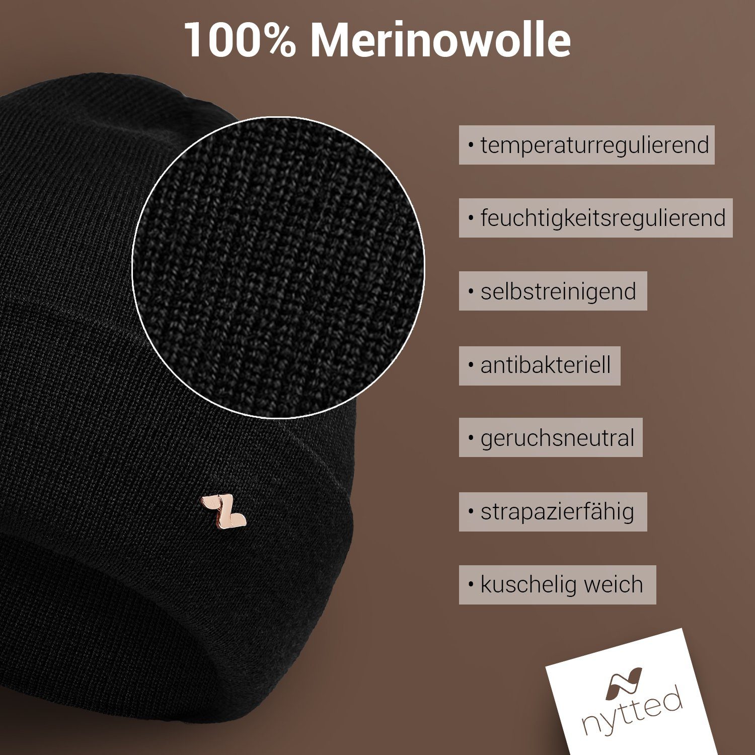 in 100% NYTTED® & - für Herren Merino-Wolle - Germany Damen Wintermütze schwarz - Made Beanie